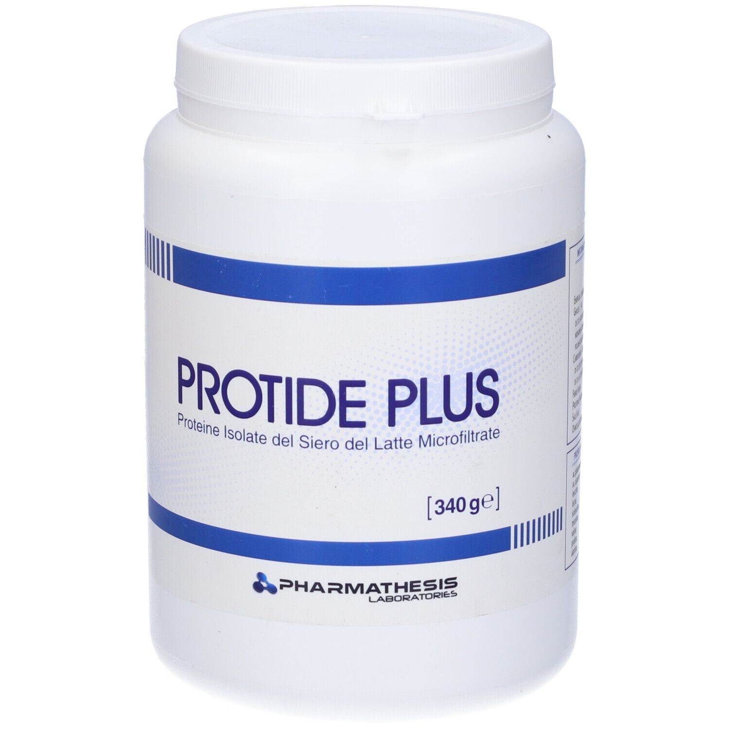 Barattolo bianco con fascia blu e scritta Protide Plus. Contiene 340g. Marchio: Pharmathesis Laboratories.