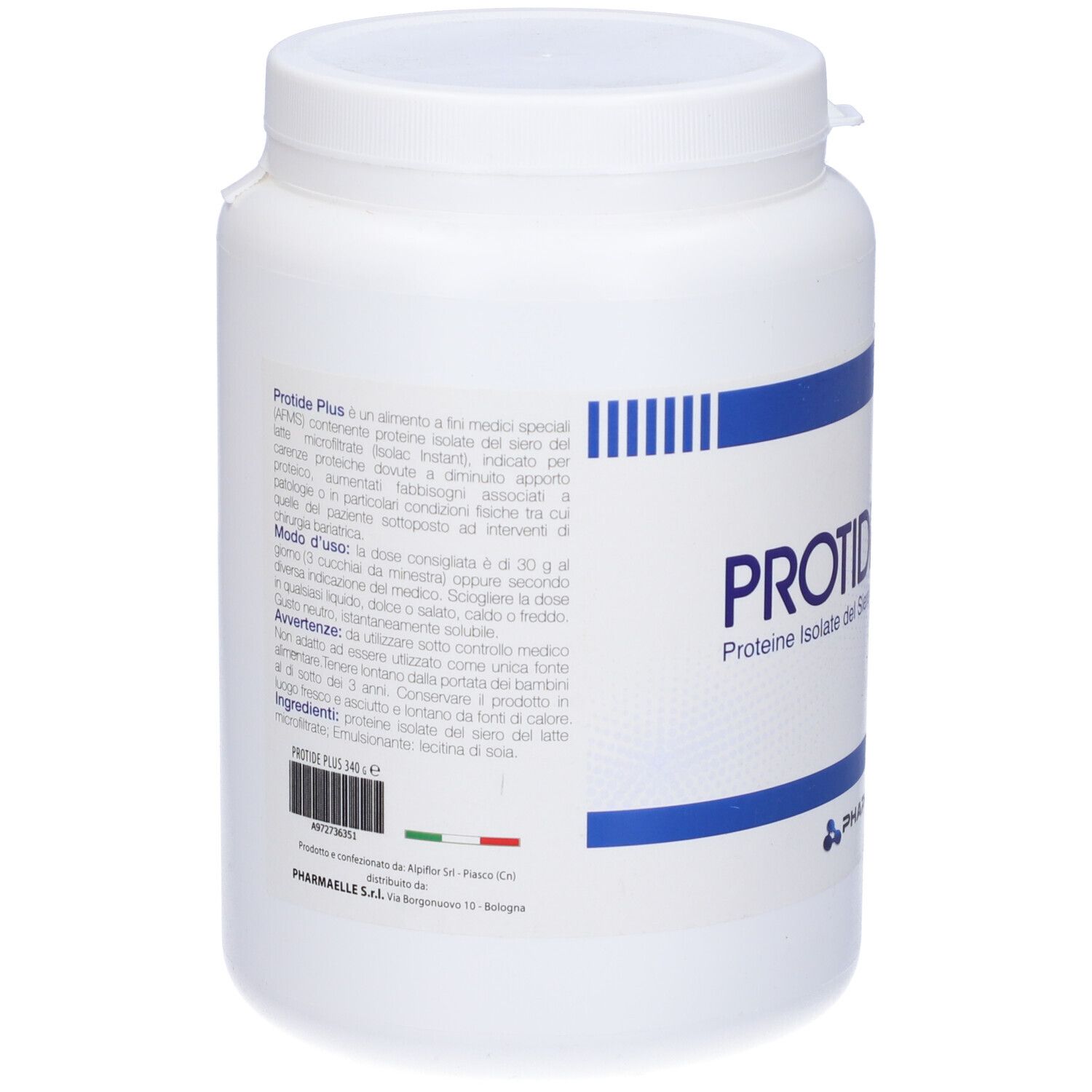Barattolo bianco con fascia blu e scritta Protide Plus. Contiene 340g. Marchio: Pharmathesis Laboratories. Retro con testo.