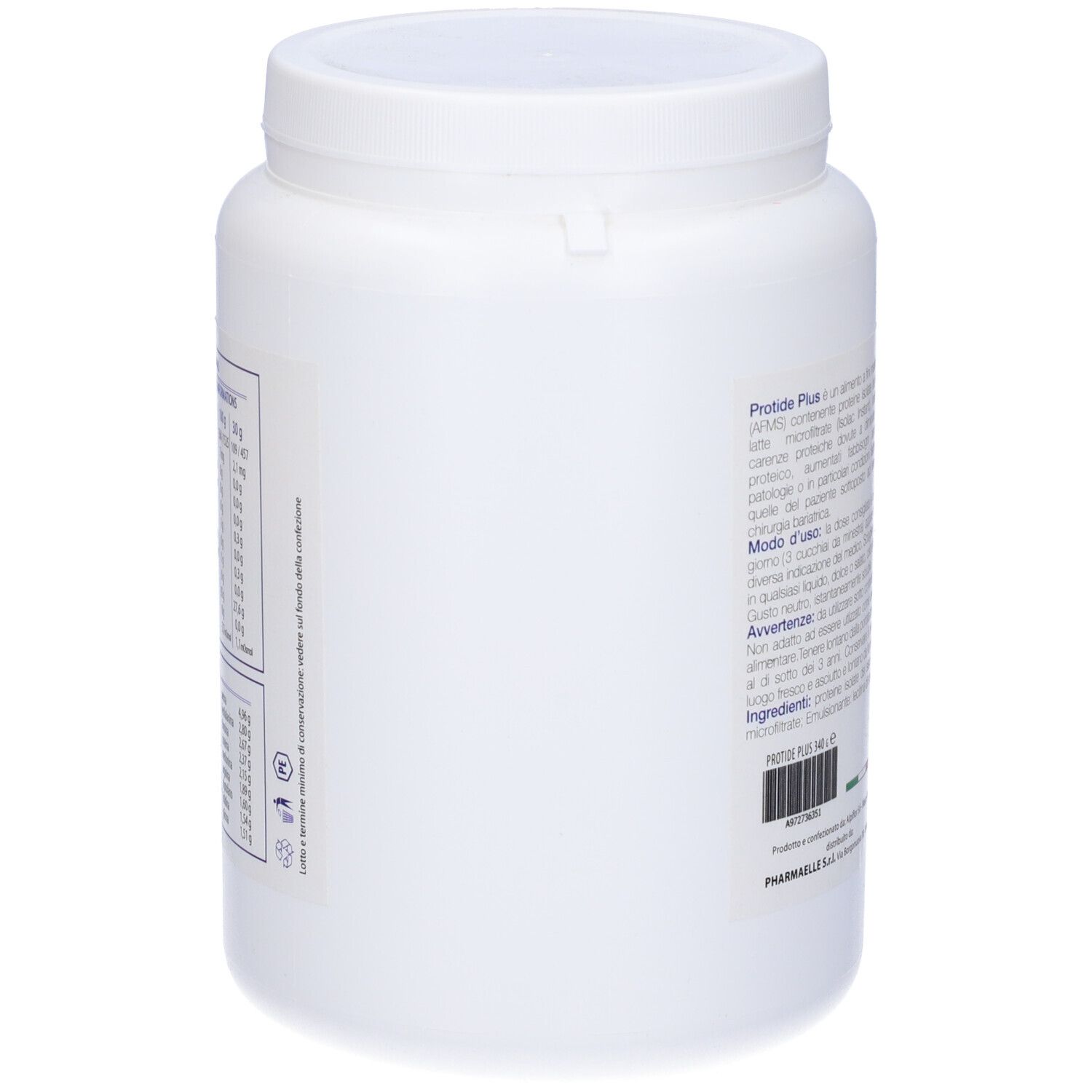 Barattolo bianco con fascia blu e scritta Protide Plus. Contiene 340g. Retro con testo e codice a barre.