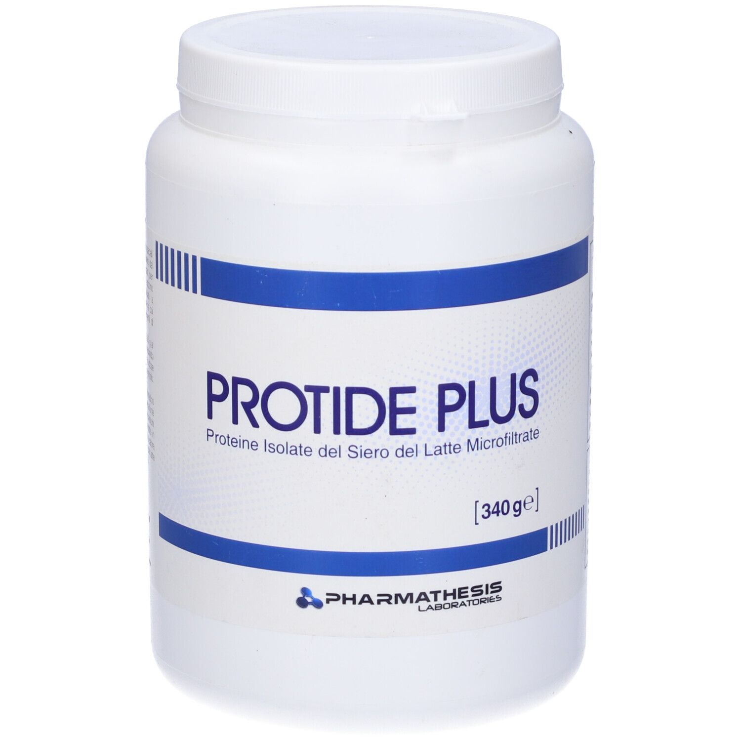 Barattolo bianco con fascia blu e scritta Protide Plus. Contiene 340g. Marchio: Pharmathesis Laboratories.