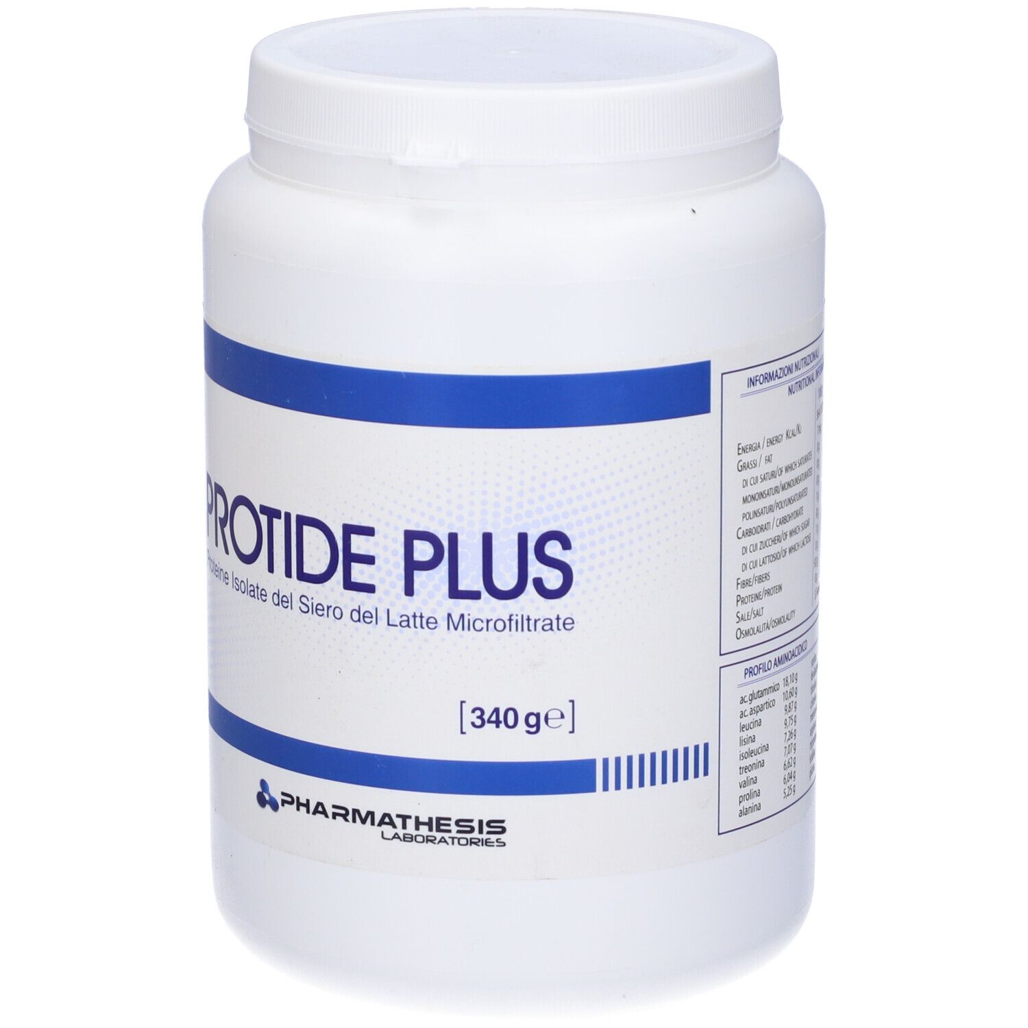 Barattolo bianco con fascia blu e scritta Protide Plus. Contiene 340g. Retro con testo e informazioni nutrizionali.