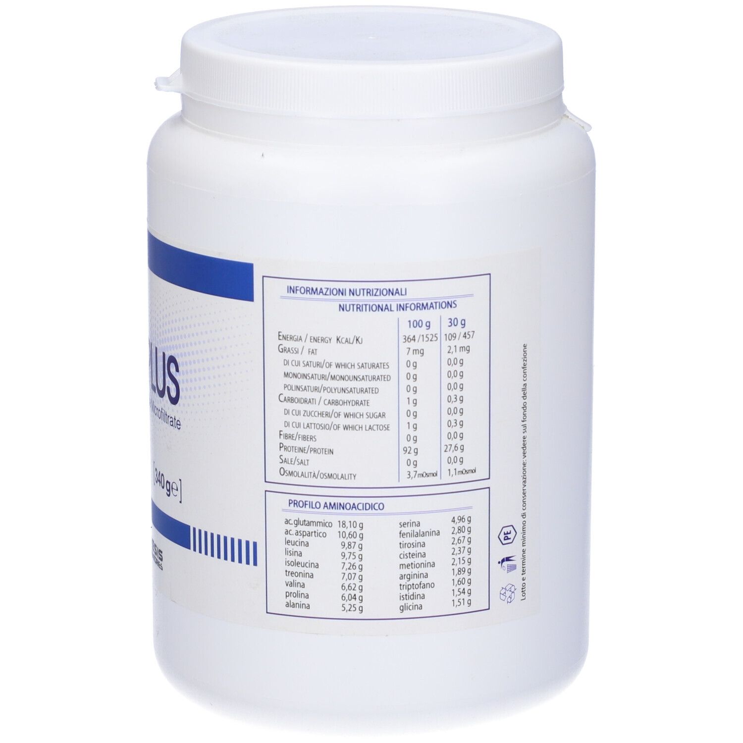 Barattolo bianco con fascia blu e scritta Protide Plus. Contiene 340g. Retro con testo e informazioni nutrizionali.
