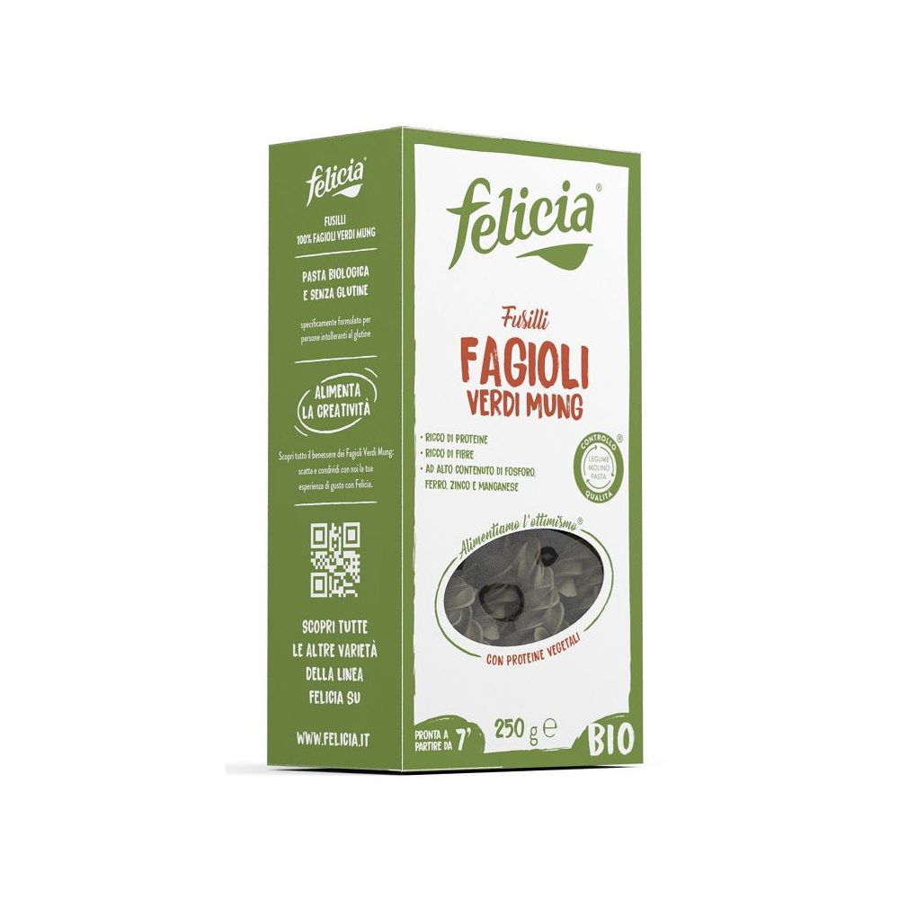 Confezione Felicia Bio Fusilli Fagioli Mung. Contiene 250g. Senza glutine. Certificazione Bio.