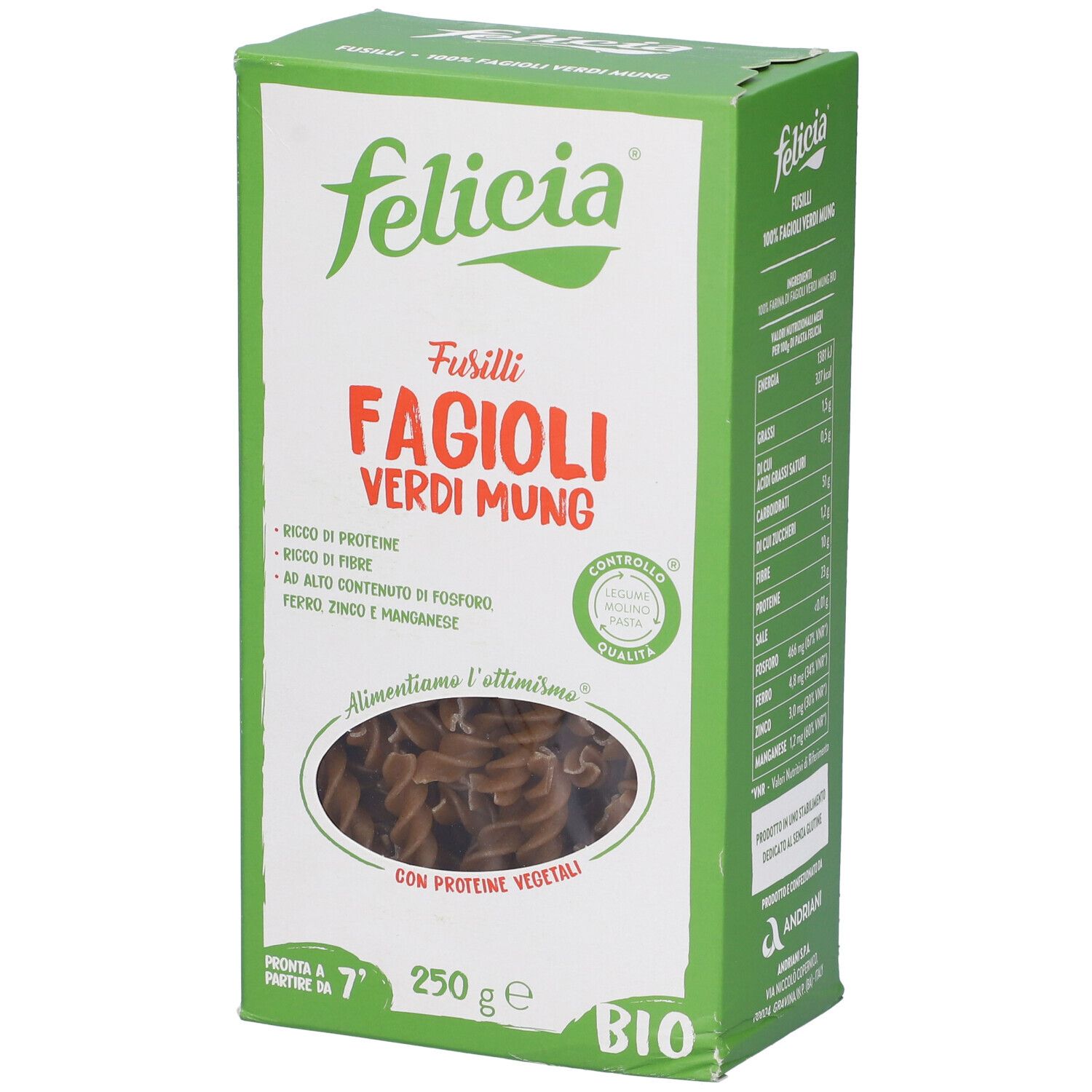 Confezione Felicia Bio Fusilli Fagioli Mung. 250g. Pasta verde visibile. Sigillo Bio.