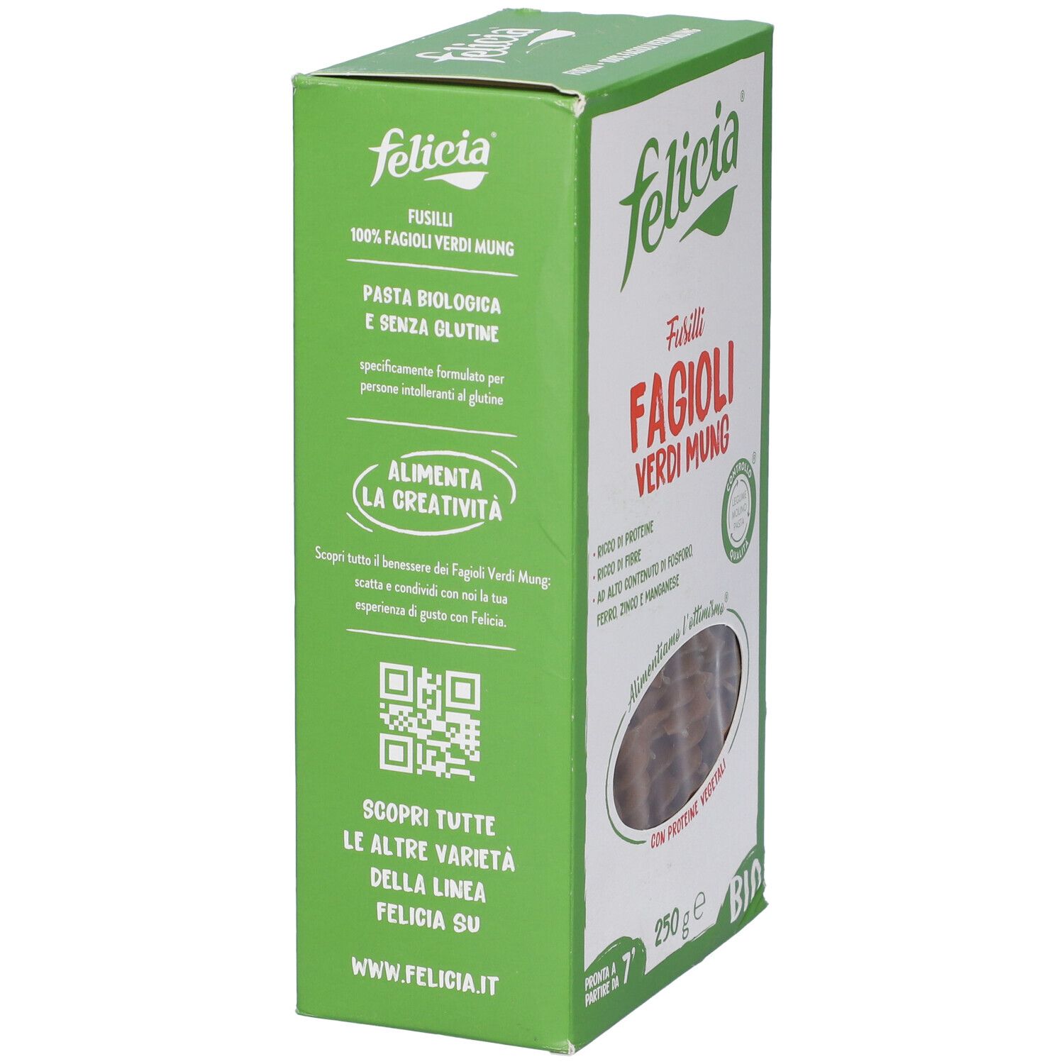 Confezione Felicia Bio Fusilli Fagioli Mung. 250g. Pasta verde visibile. Sigillo Bio.