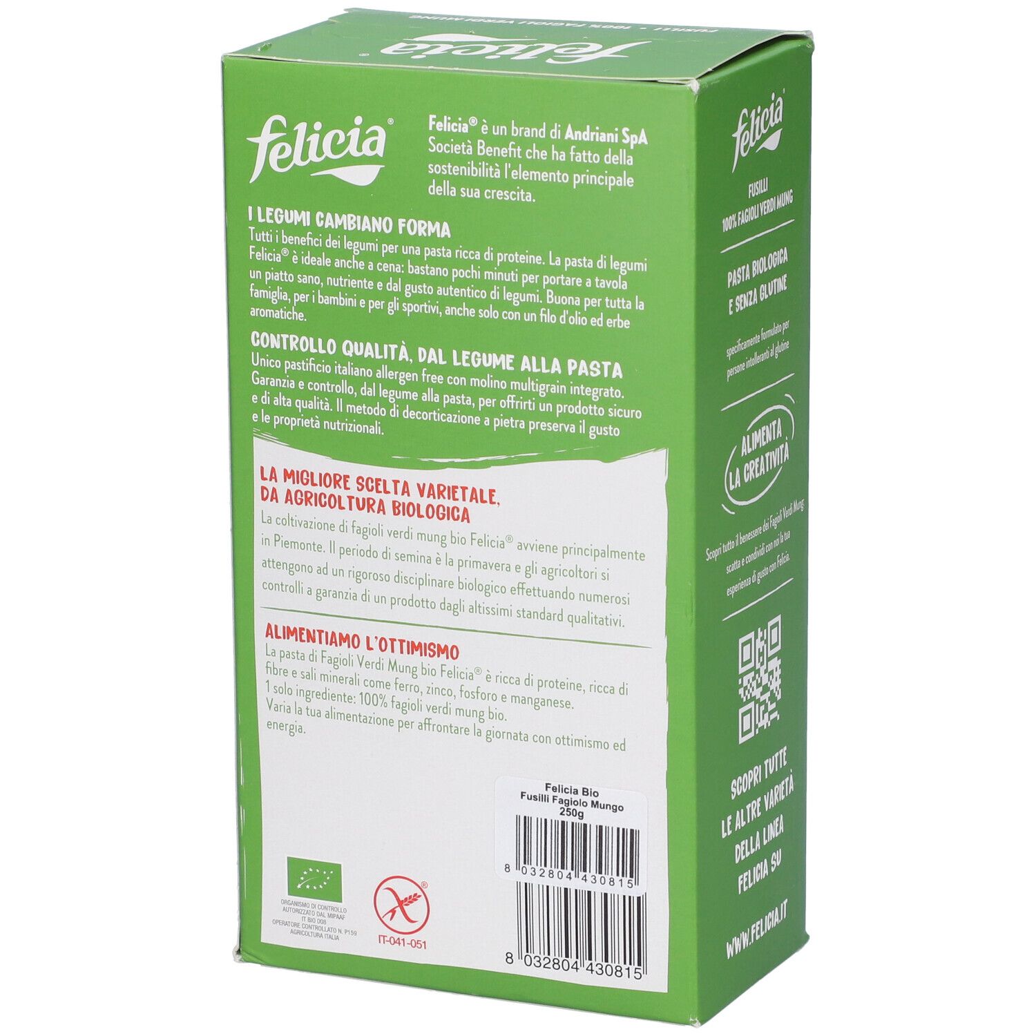Retro della confezione Felicia Bio Fusilli Fagioli Mung. Testo su ingredienti e valori nutrizionali. Sigillo Bio.
