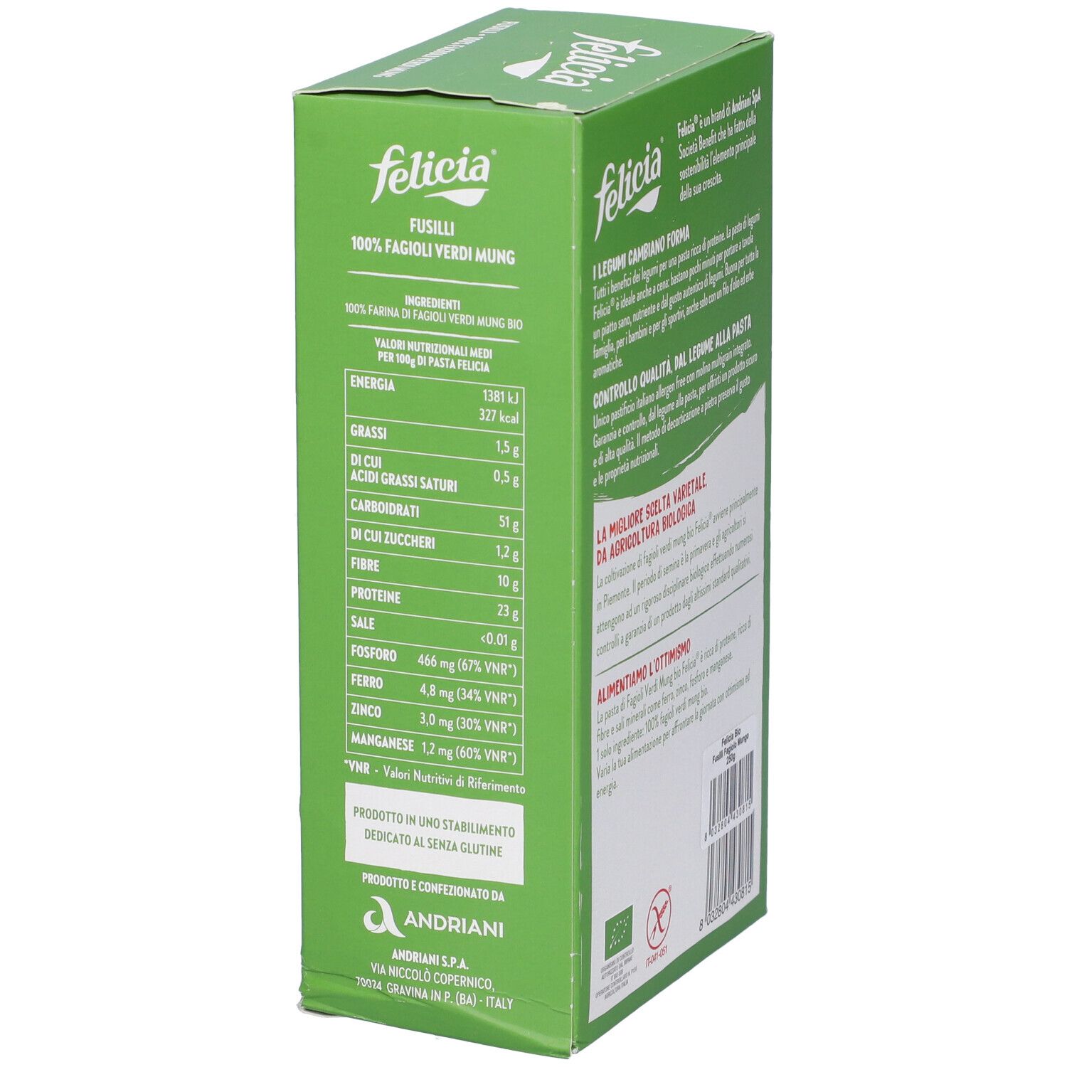 Retro della confezione Felicia Bio Fusilli Fagioli Mung. Testo su ingredienti e valori nutrizionali. Sigillo Bio.