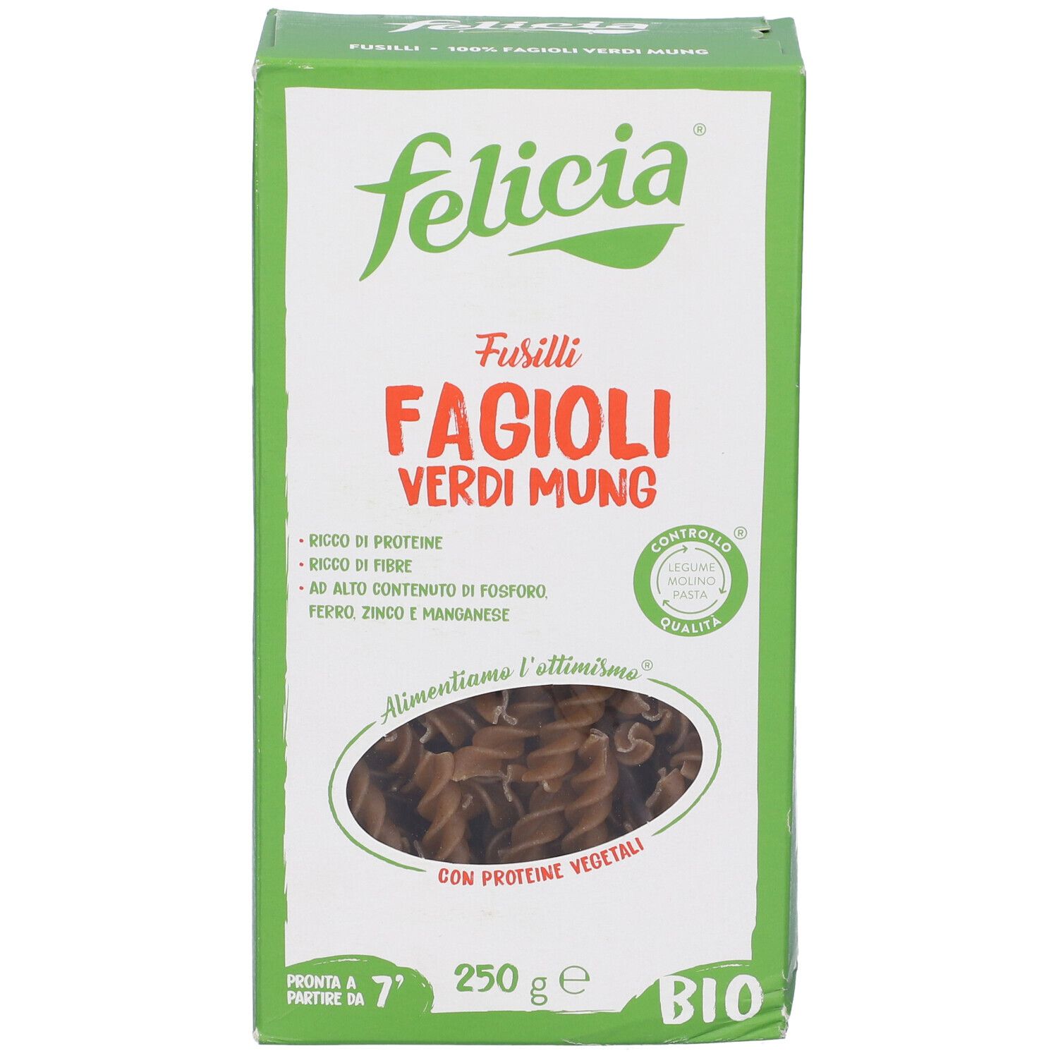 Confezione Felicia Bio Fusilli Fagioli Mung. 250g. Pasta verde visibile. Sigillo Bio.