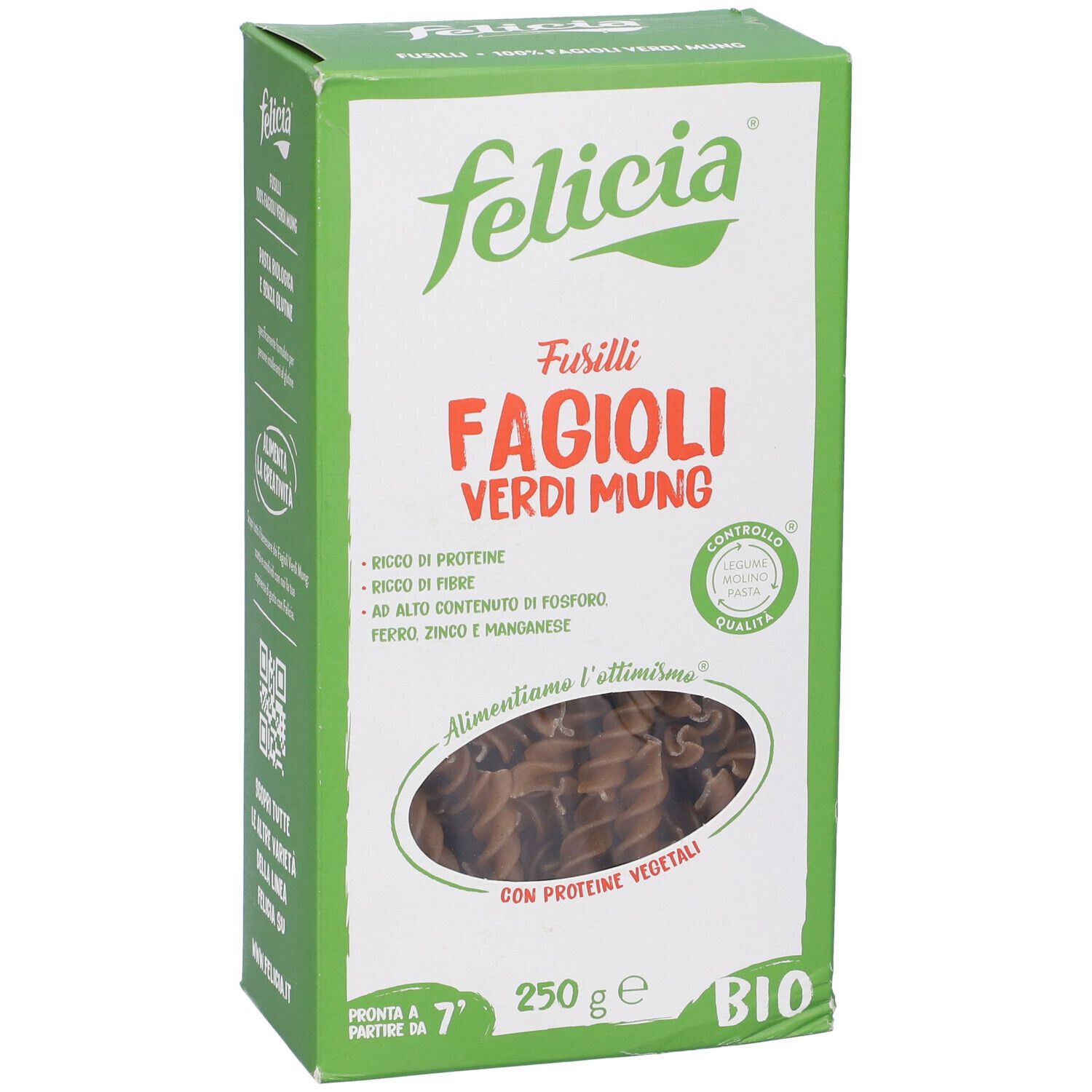 Confezione Felicia Bio Fusilli Fagioli Mung. 250g. Pasta verde visibile. Sigillo Bio.