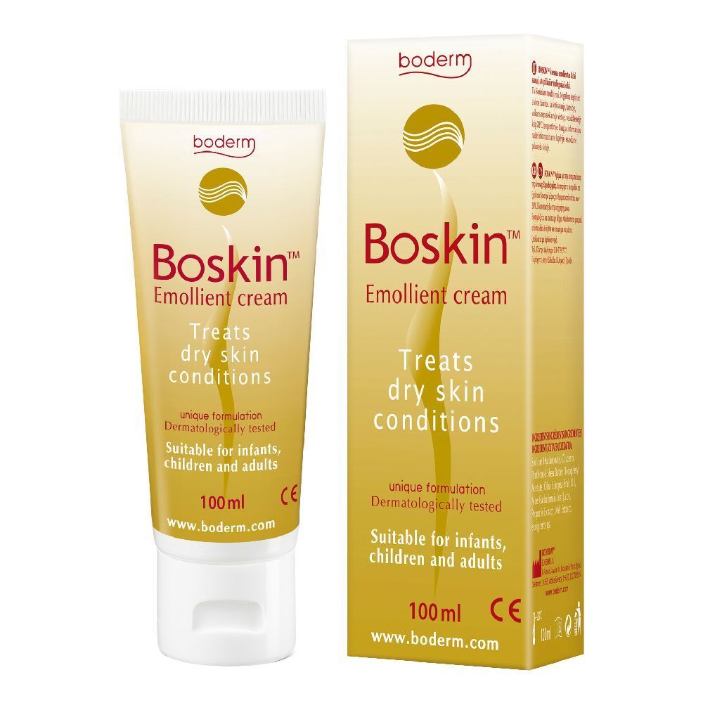 Tubo e scatola di crema. Scritta: Boskin Emollient cream. Tratta la pelle secca. Per neonati, bambini e adulti.