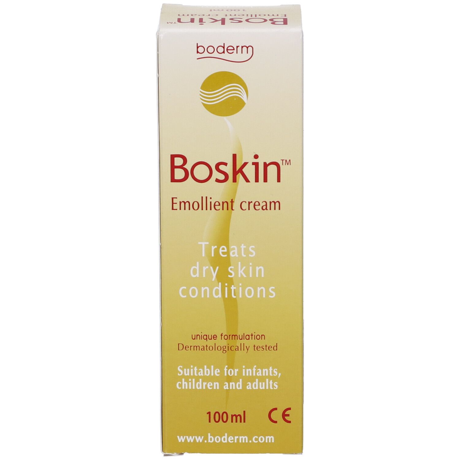Scatola. Scritta: Boskin Emollient cream. Tratta la pelle secca. Per neonati, bambini e adulti. 100ml.