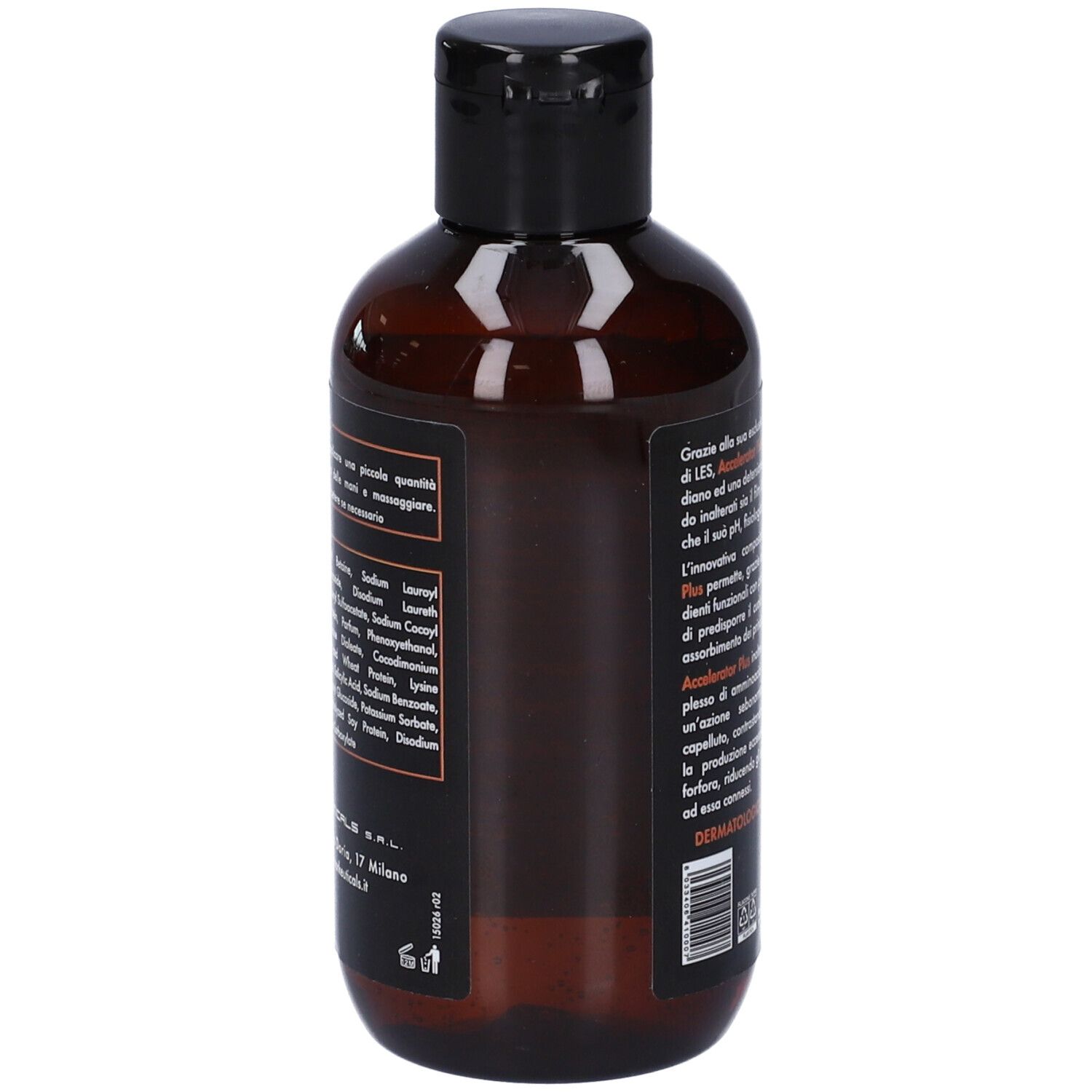 Lato di un flacone di shampoo marrone con tappo nero. Testo sull'etichetta. Markeuticals Accelerator Plus.