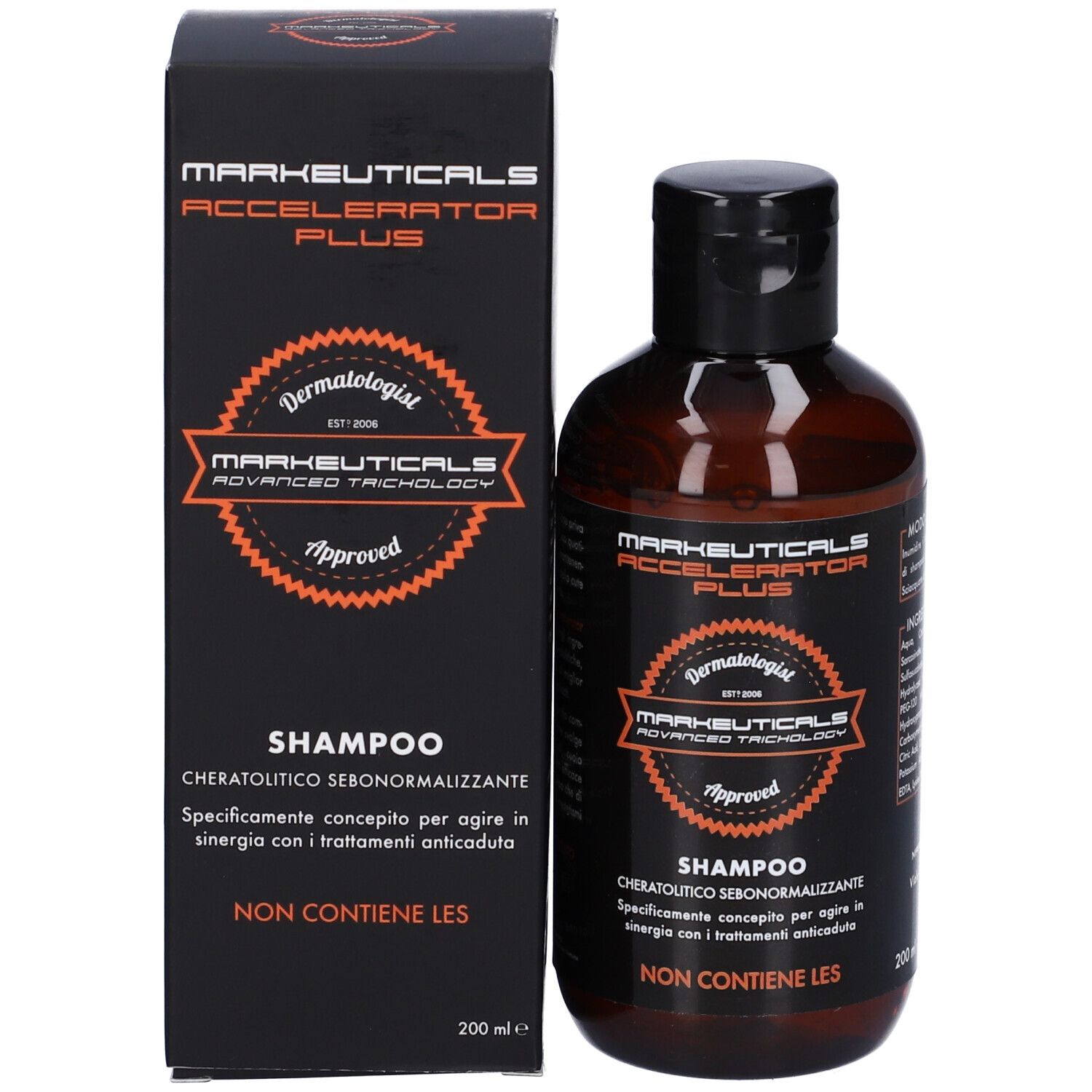 Flacone di shampoo e scatola. Markeuticals Accelerator Plus. Scatola nera con nome e testo del prodotto.