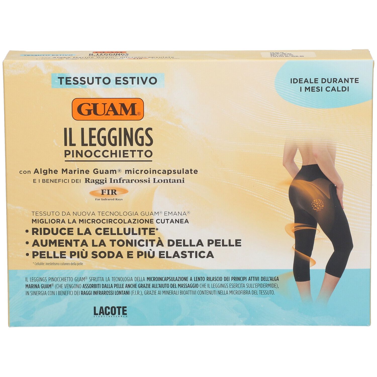 Confezione di GUAM Il Leggings Pinocchietto XS/S. Scritte: GUAM, Il Leggings Pinocchietto, testo, illustrazione di una donna con leggings.