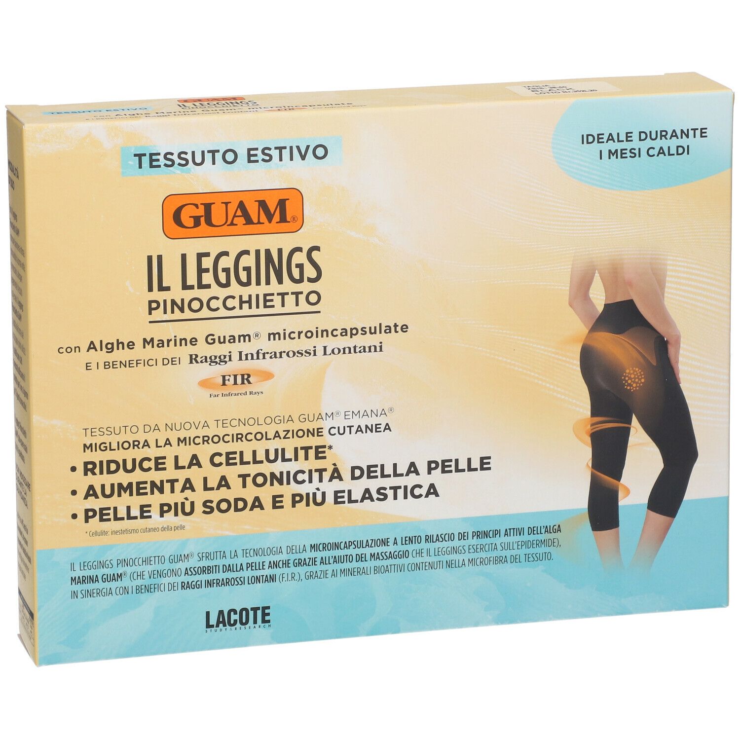 Confezione di GUAM Il Leggings Pinocchietto XS/S. Scritte: GUAM, Il Leggings Pinocchietto, testo, illustrazione di una donna con leggings.