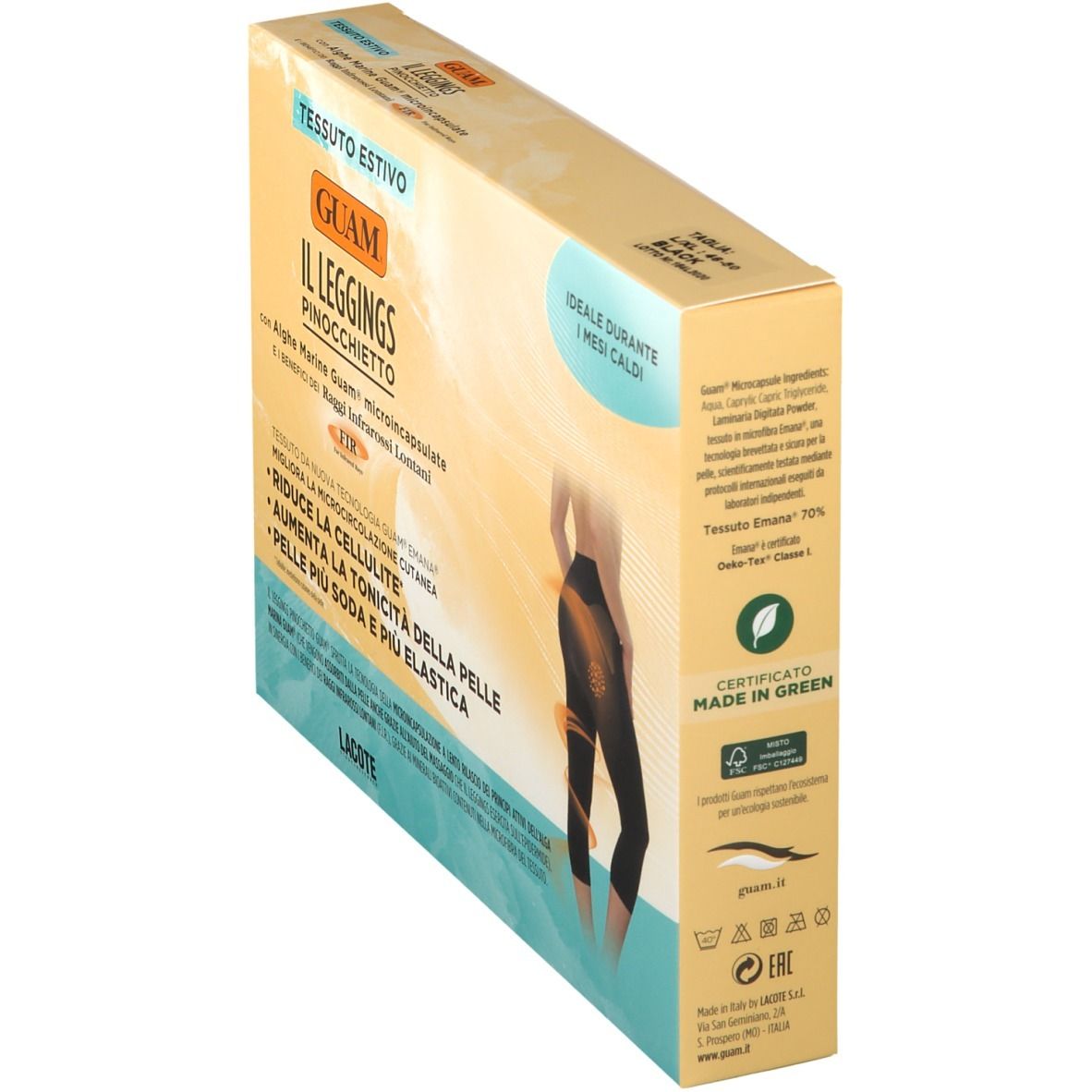 Confezione GUAM® Il Leggings Pinocchietto L-XL. Retro con testo e certificazione. Contiene alghe e raggi infrarossi.