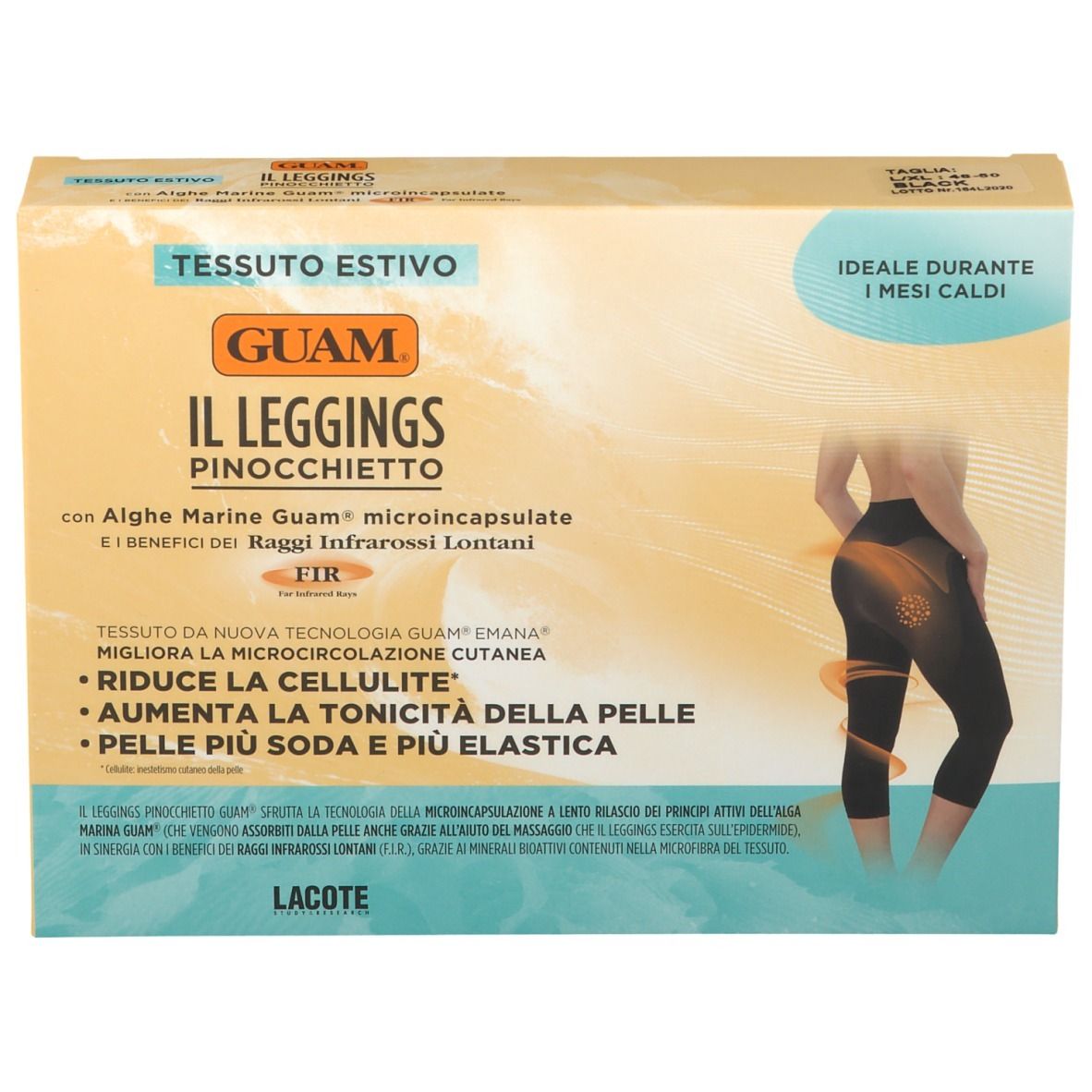 Confezione GUAM® Il Leggings Pinocchietto L-XL. Design giallo-bianco con immagine e testo. Contiene alghe e raggi infrarossi.