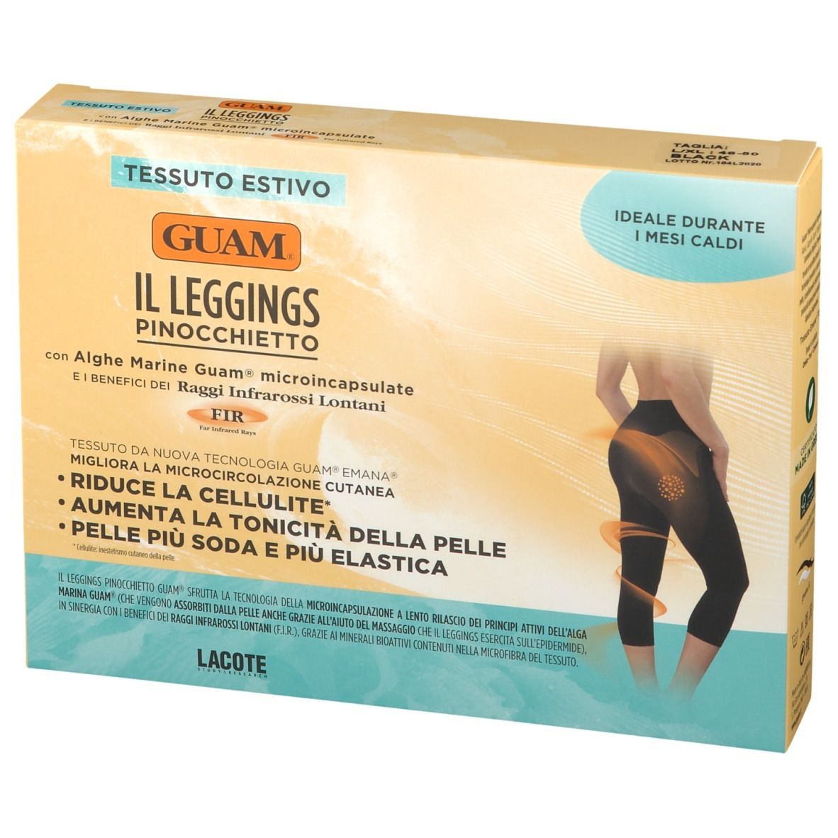 Confezione GUAM® Il Leggings Pinocchietto L-XL. Design giallo-bianco con immagine e testo. Contiene alghe e raggi infrarossi.