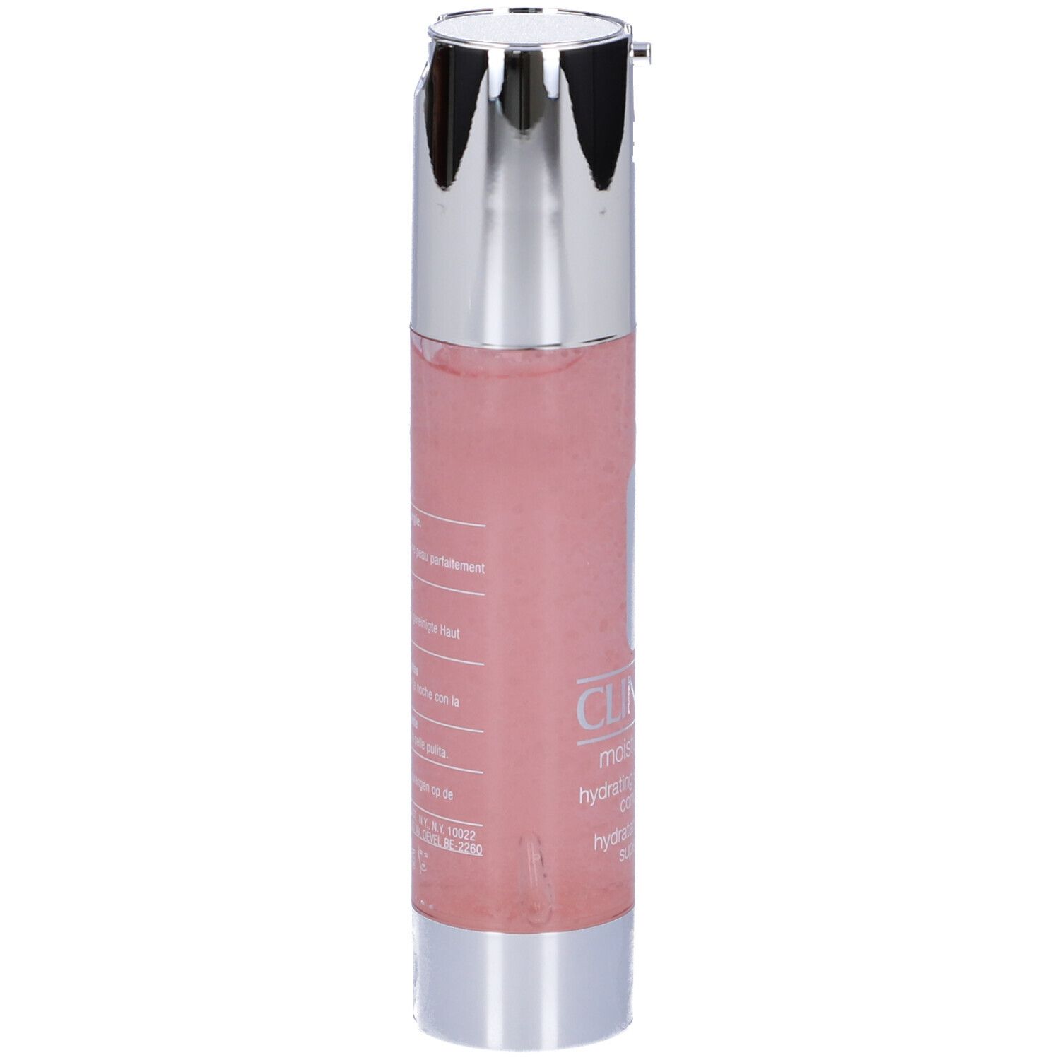 Flacone rosa con tappo argentato. Scritte e testo sul retro. Clinique, moisture surge, hydrating supercharged concentrate.