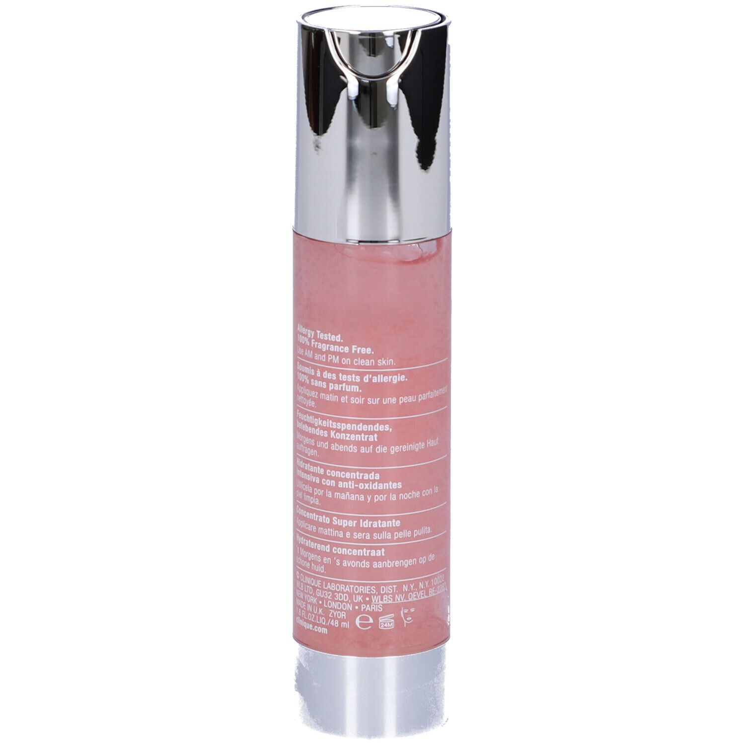 Flacone rosa con tappo argentato. Testo sul retro. Clinique, moisture surge, hydrating supercharged concentrate.