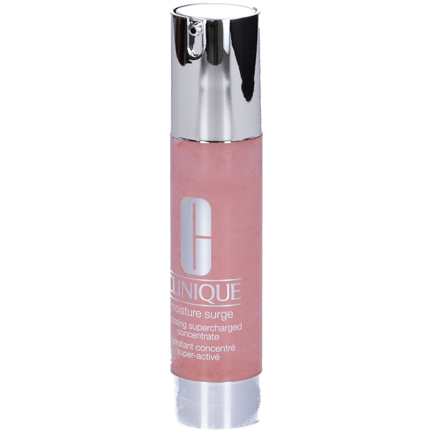 Flacone rosa con tappo argentato. Scritta: Clinique, moisture surge, hydrating supercharged concentrate.