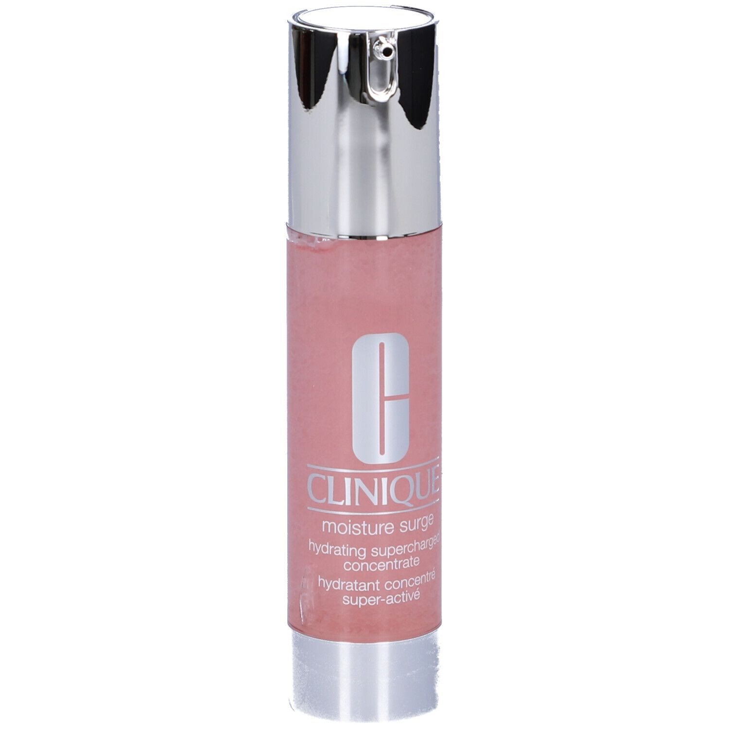 Flacone rosa con tappo argentato. Scritta: Clinique, moisture surge, hydrating supercharged concentrate.