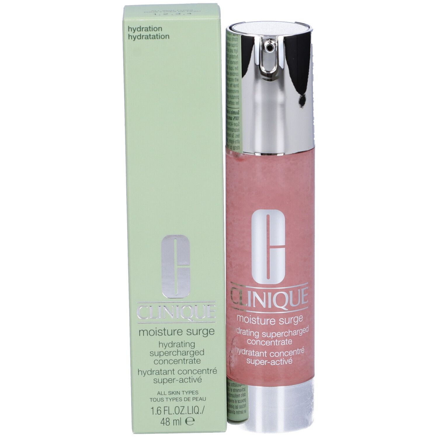 Flacone rosa con tappo argentato e confezione verde. Scritta: Clinique, moisture surge, hydrating supercharged concentrate.
