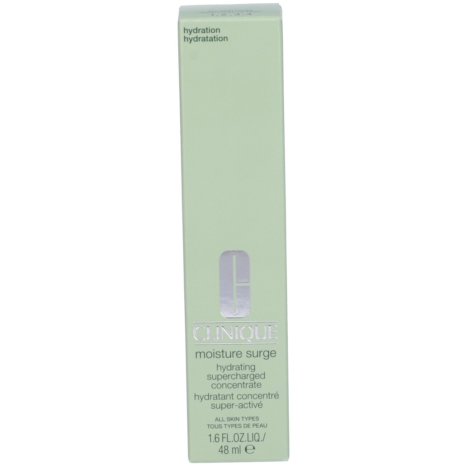 Confezione verde. Scritta: Clinique, moisture surge, hydrating supercharged concentrate.