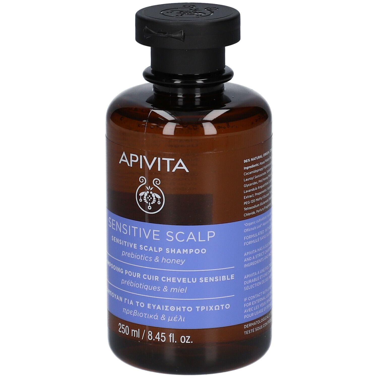 Retro del flacone marrone. Scritta: APIVITA, Sensitive Scalp Shampoo. Ingredienti.
