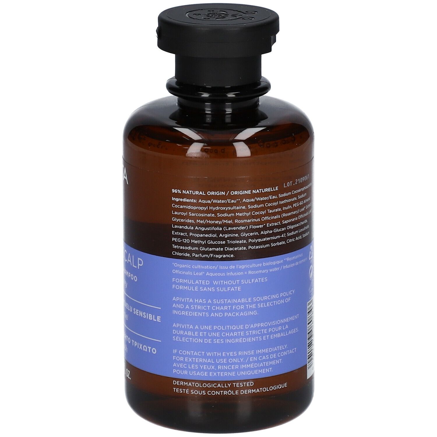 Retro del flacone marrone. Scritta: APIVITA, Sensitive Scalp Shampoo. Ingredienti.