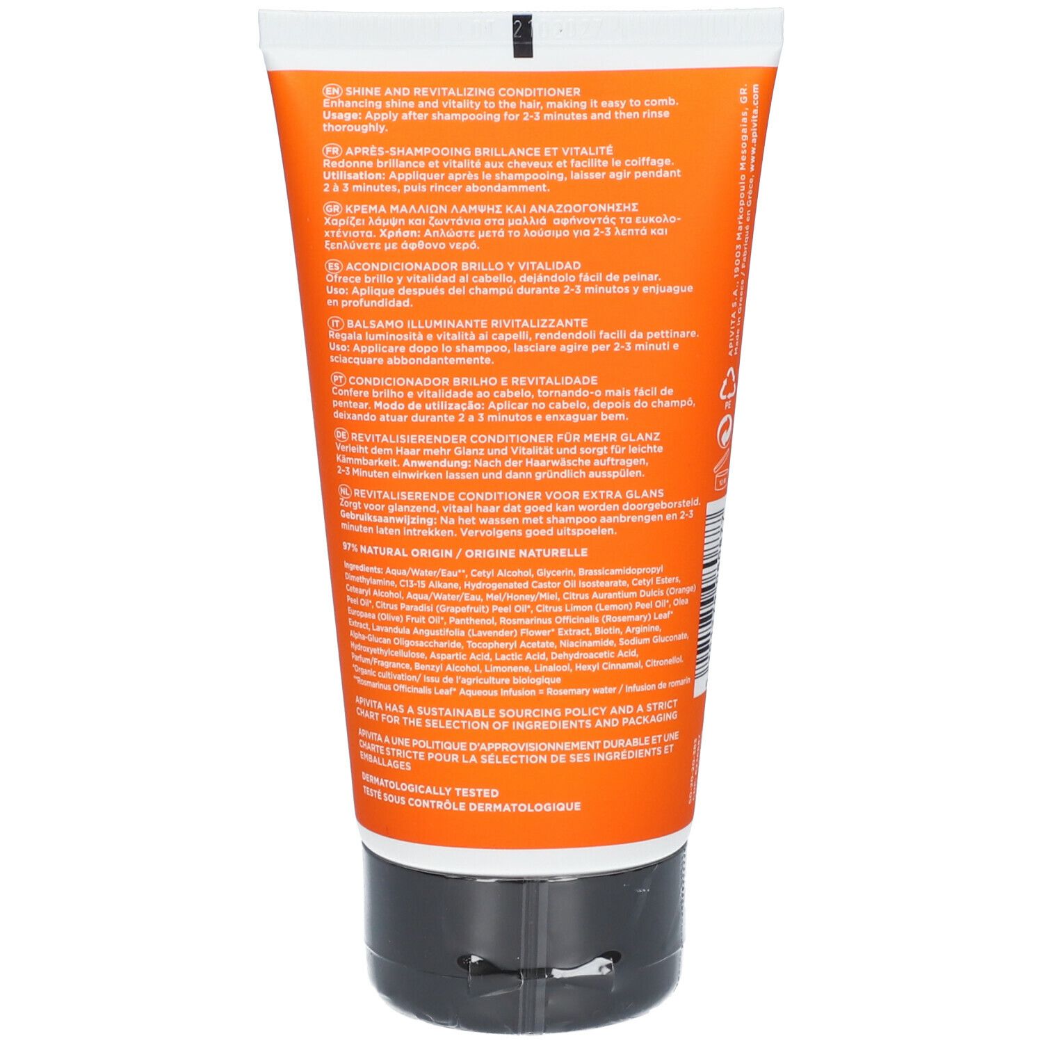 Dos d'un tube orange. Texte multilingue. Contient des informations sur les ingrédients et l'utilisation.