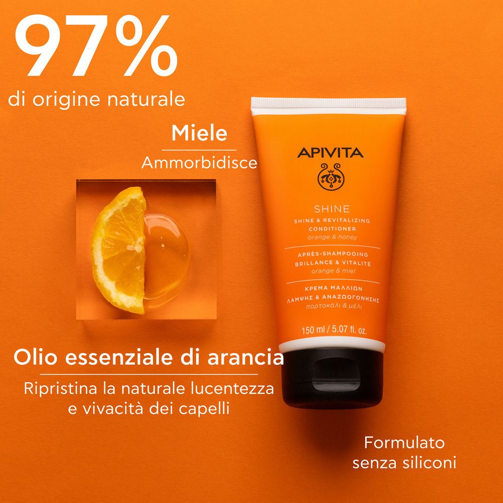 Orange Tube mit schwarzem Deckel. Text: APIVITA SHINE Conditioner. Text in Italienisch. Zitrone und Honig.