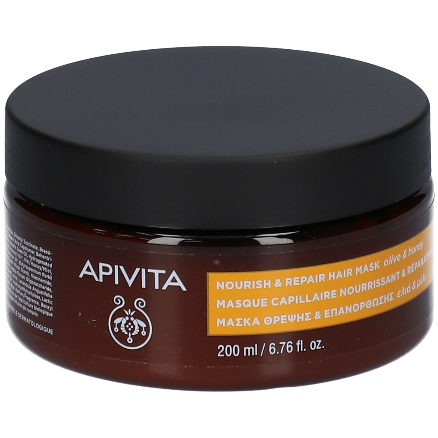 Barattolo marrone con coperchio nero. Scritta: APIVITA, Nourish & Repair Hair Mask. Testo e logo. 200 ml.