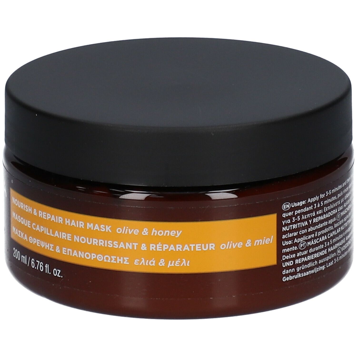 Barattolo marrone con coperchio nero. Scritta: APIVITA, Nourish & Repair Hair Mask olive & honey. 200 ml.