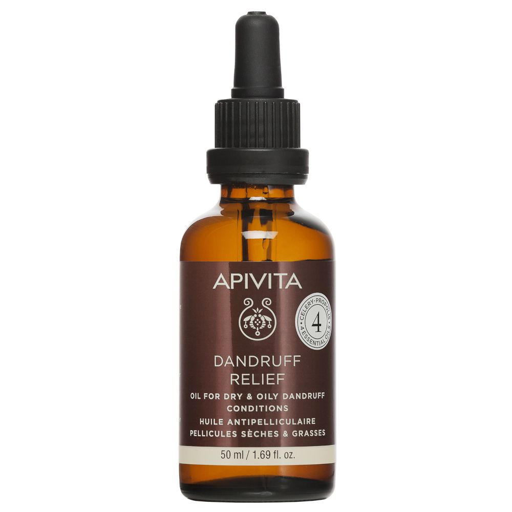 Flacone di vetro marrone con contagocce. Scritta: APIVITA, DANDRUFF RELIEF. Per forfora secca e grassa.
