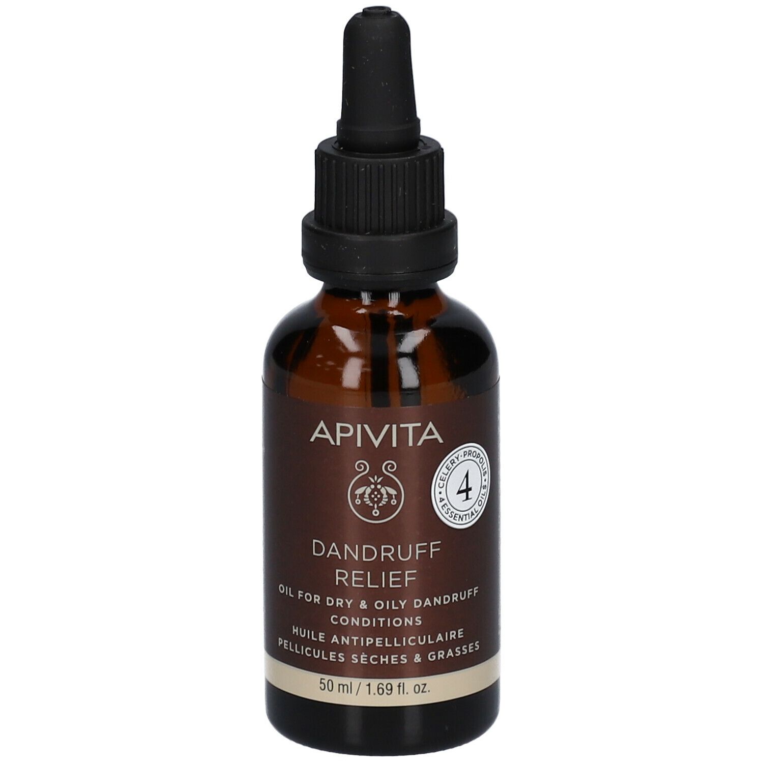 Flacone di vetro marrone con contagocce. Scritta: APIVITA, DANDRUFF RELIEF. Per forfora secca e grassa.