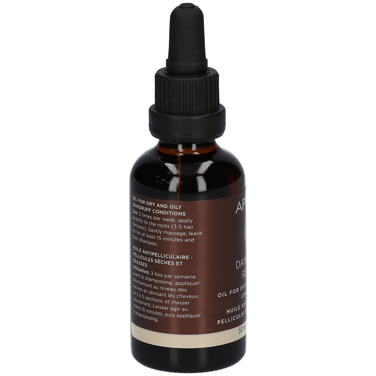 Flacone di vetro marrone con contagocce. Scritta: APIVITA, DANDRUFF RELIEF. Per forfora secca e grassa.