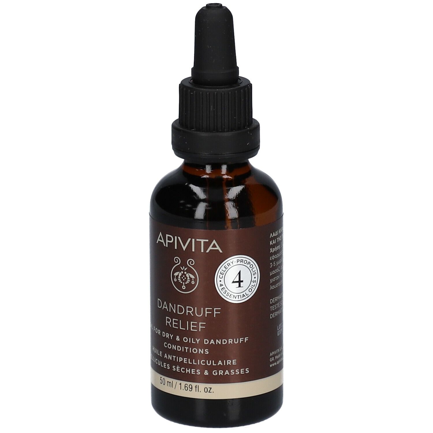 Flacone di vetro marrone con contagocce. Scritta: APIVITA, DANDRUFF RELIEF. Per forfora secca e grassa.
