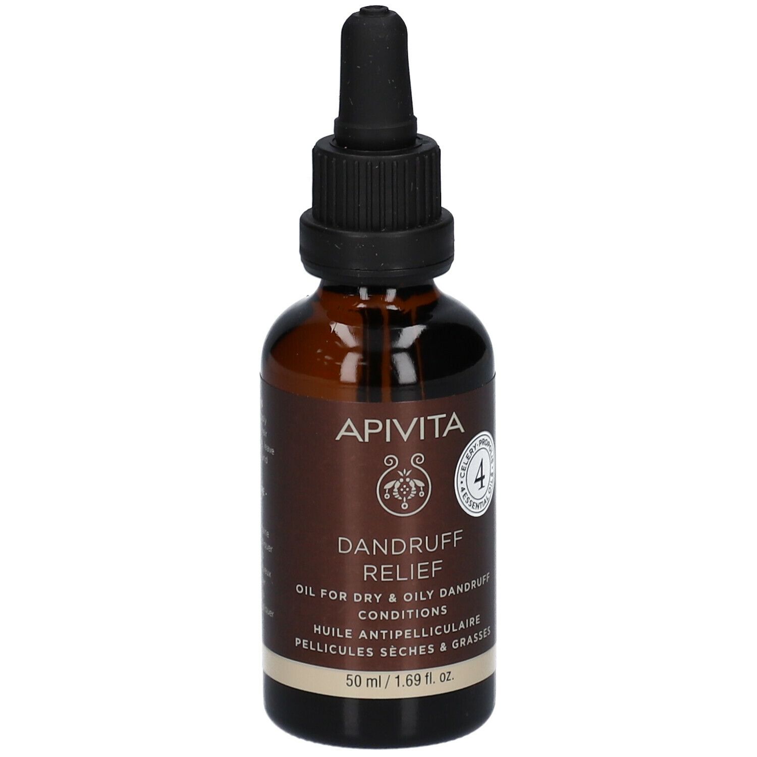 Flacone di vetro marrone con contagocce. Scritta: APIVITA, DANDRUFF RELIEF. Per forfora secca e grassa.