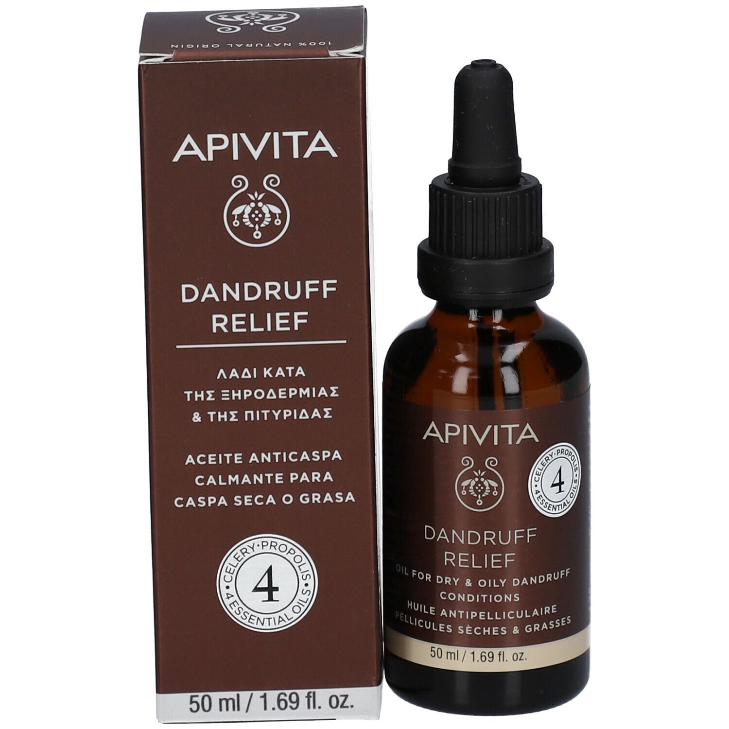 Flacone di prodotto e confezione. Scritta: APIVITA, DANDRUFF RELIEF. Per forfora secca e grassa.