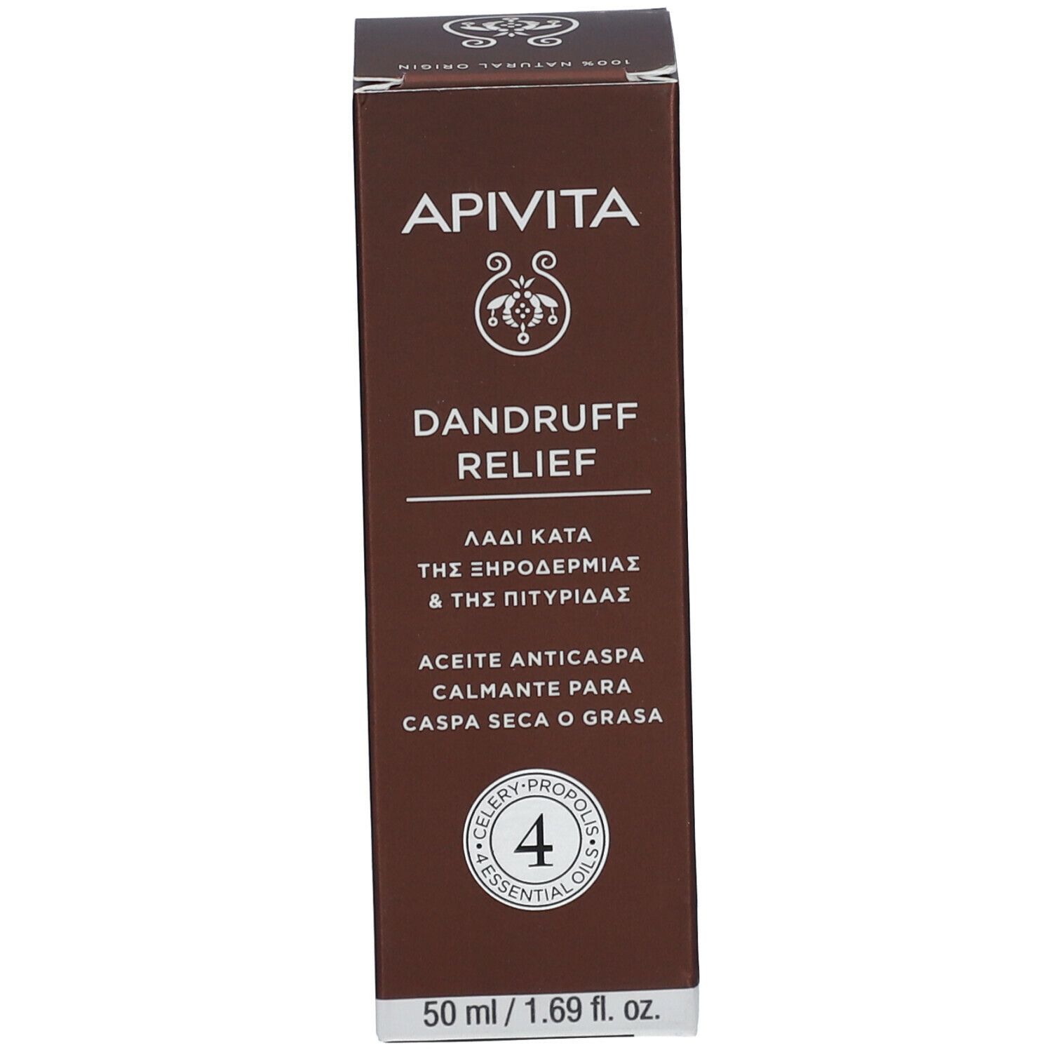 Confezione del prodotto. Scritta: APIVITA, DANDRUFF RELIEF. Per forfora secca e grassa.
