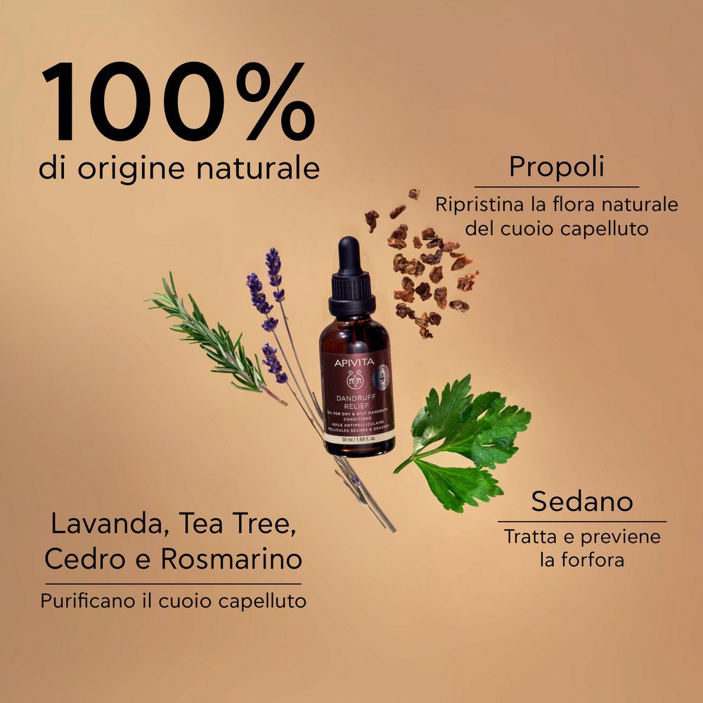 Flacone di prodotto con erbe. Scritta: APIVITA, DANDRUFF RELIEF. Testo: 100% di origine naturale. Lavanda, Tea Tree, Cedro e Rosmarino.