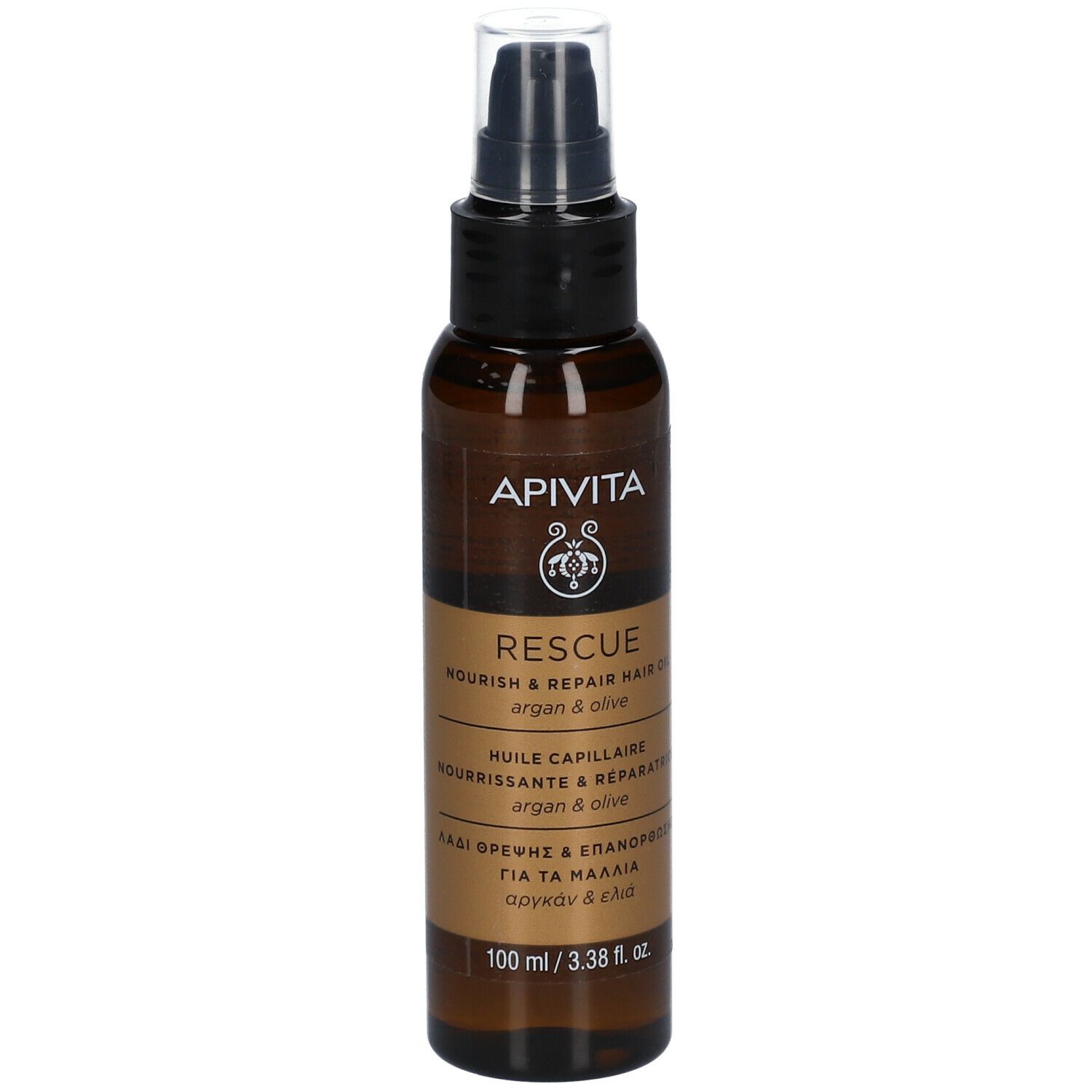 Flacone di vetro marrone con erogatore nero. Scritta: APIVITA RESCUE, olio per capelli. 100 ml.
