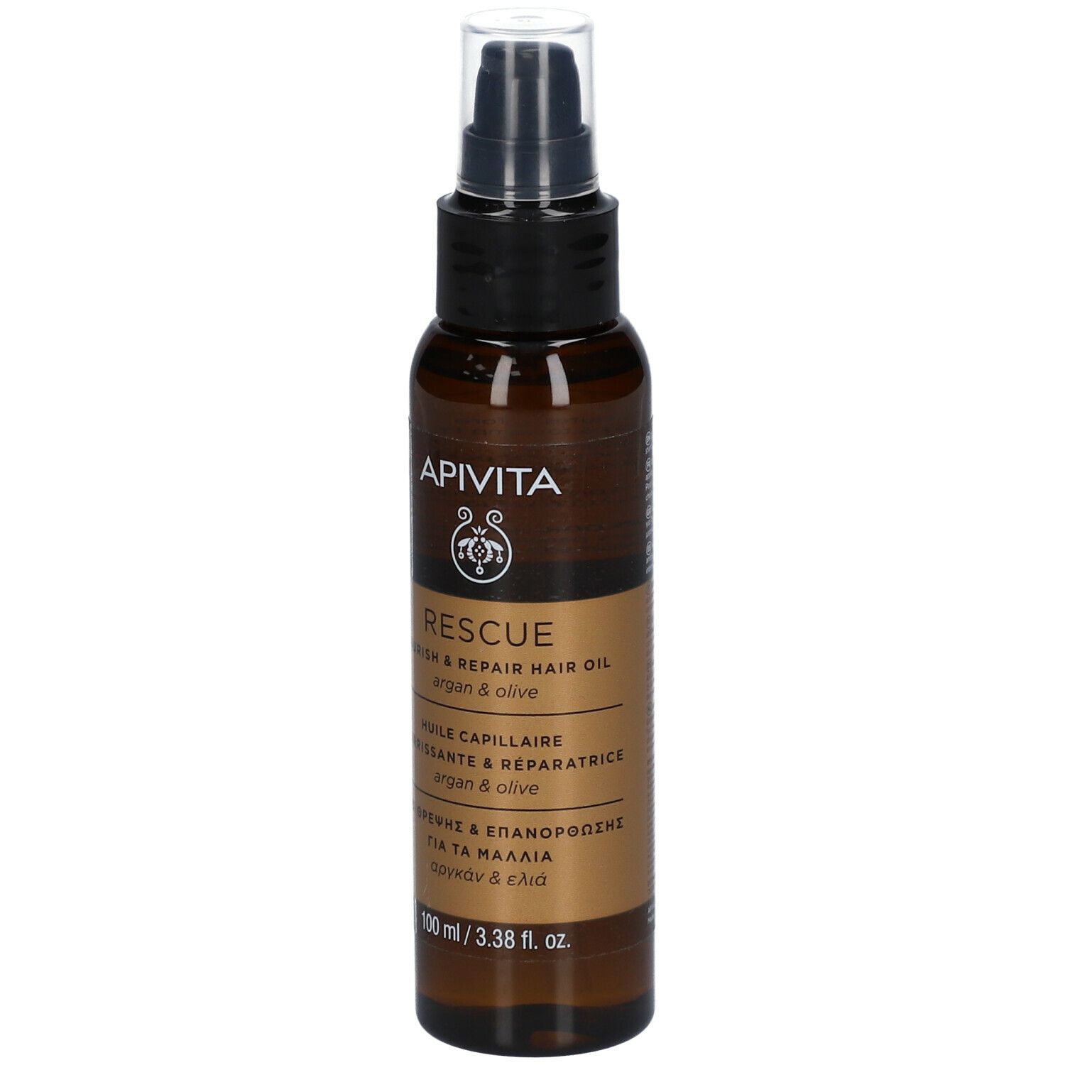 Flacone di vetro marrone con erogatore nero. Scritta: APIVITA RESCUE, olio per capelli. 100 ml.