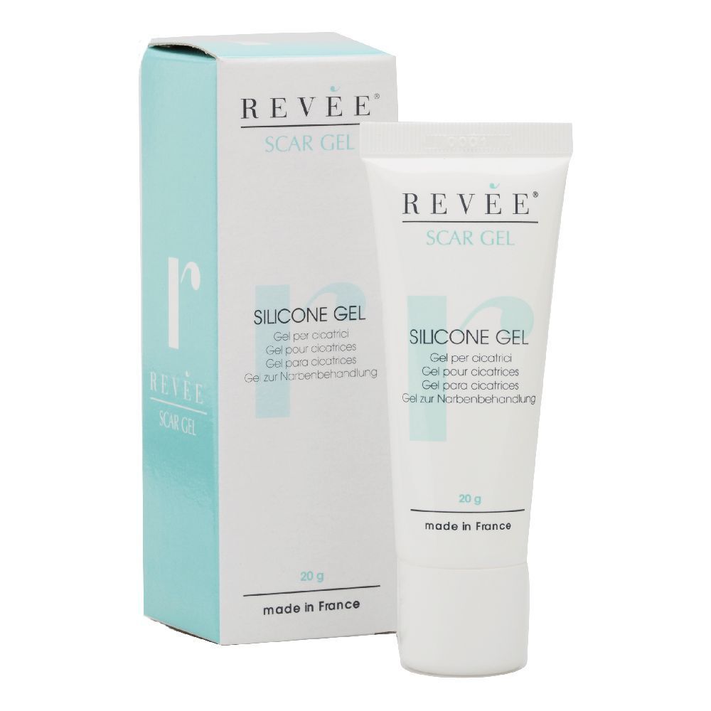 Tubo e scatola di gel per cicatrici. Scritto: Revée® Scar Gel, Silicone Gel. 20 g. Prodotto in Francia.