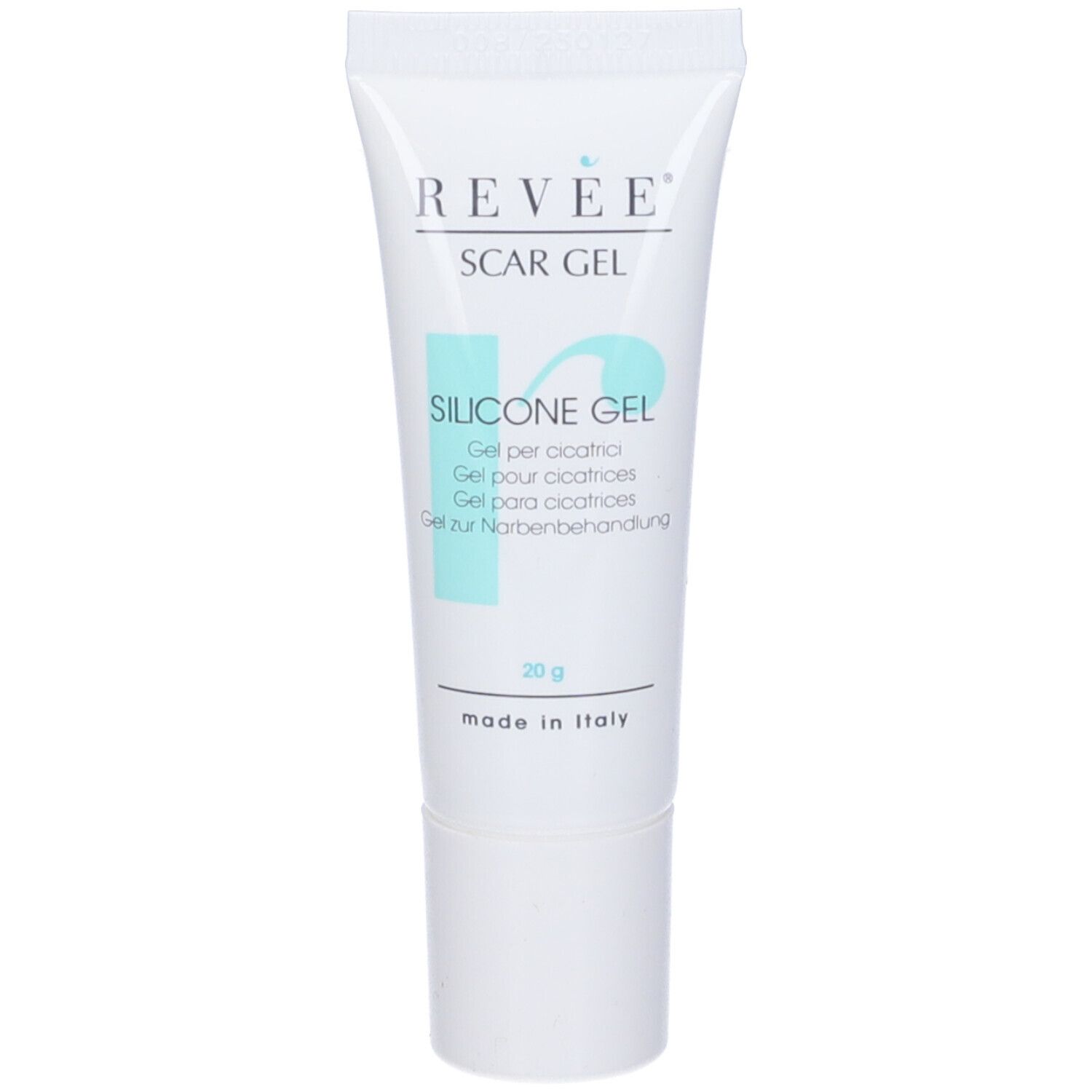 Tubo di gel per cicatrici. Scritto: Revée® Scar Gel, Silicone Gel. 20 g. Prodotto in Italia.