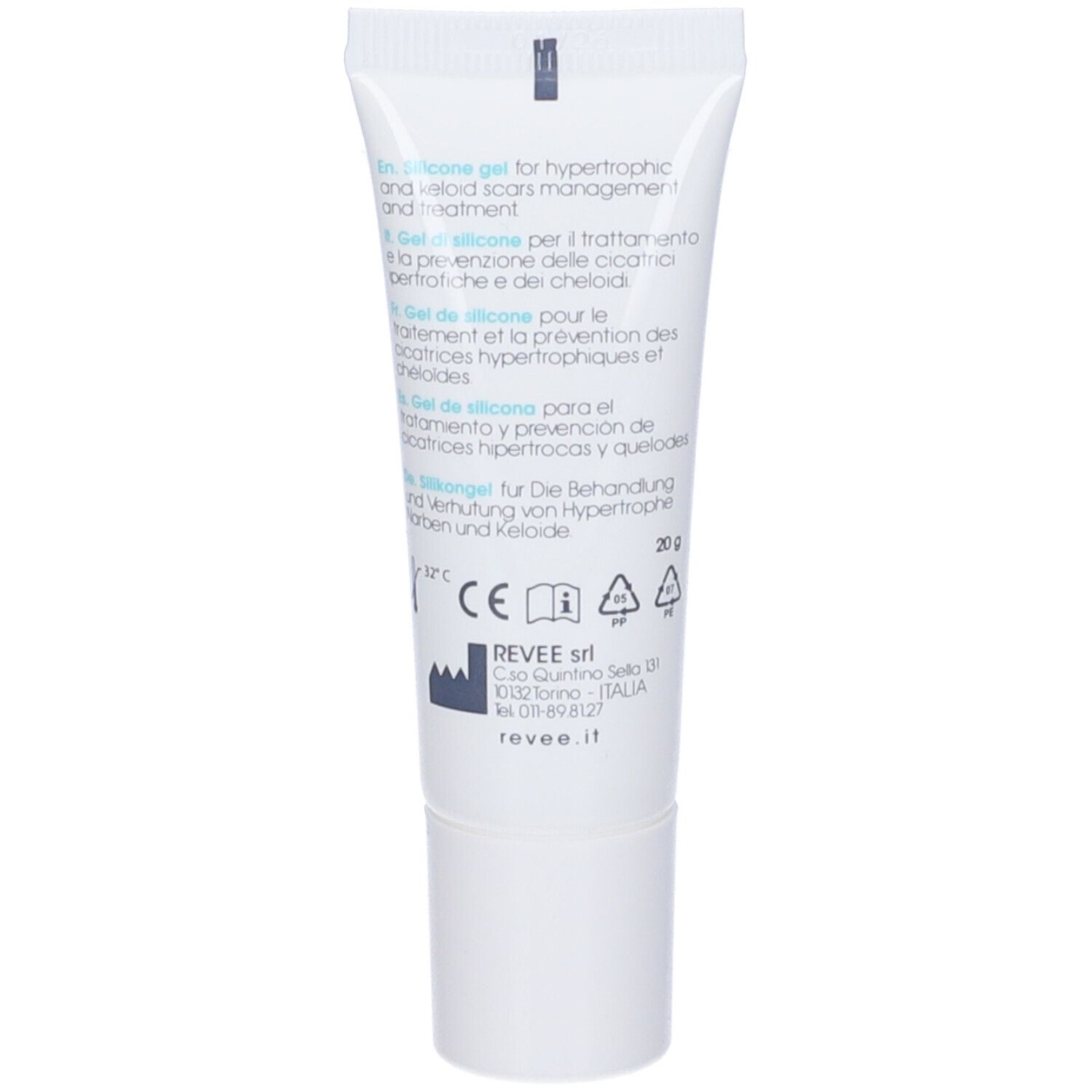 Retro del tubo di gel per cicatrici. Testo multilingue: Silicone Gel per il trattamento delle cicatrici. 20 g. Marchio CE.