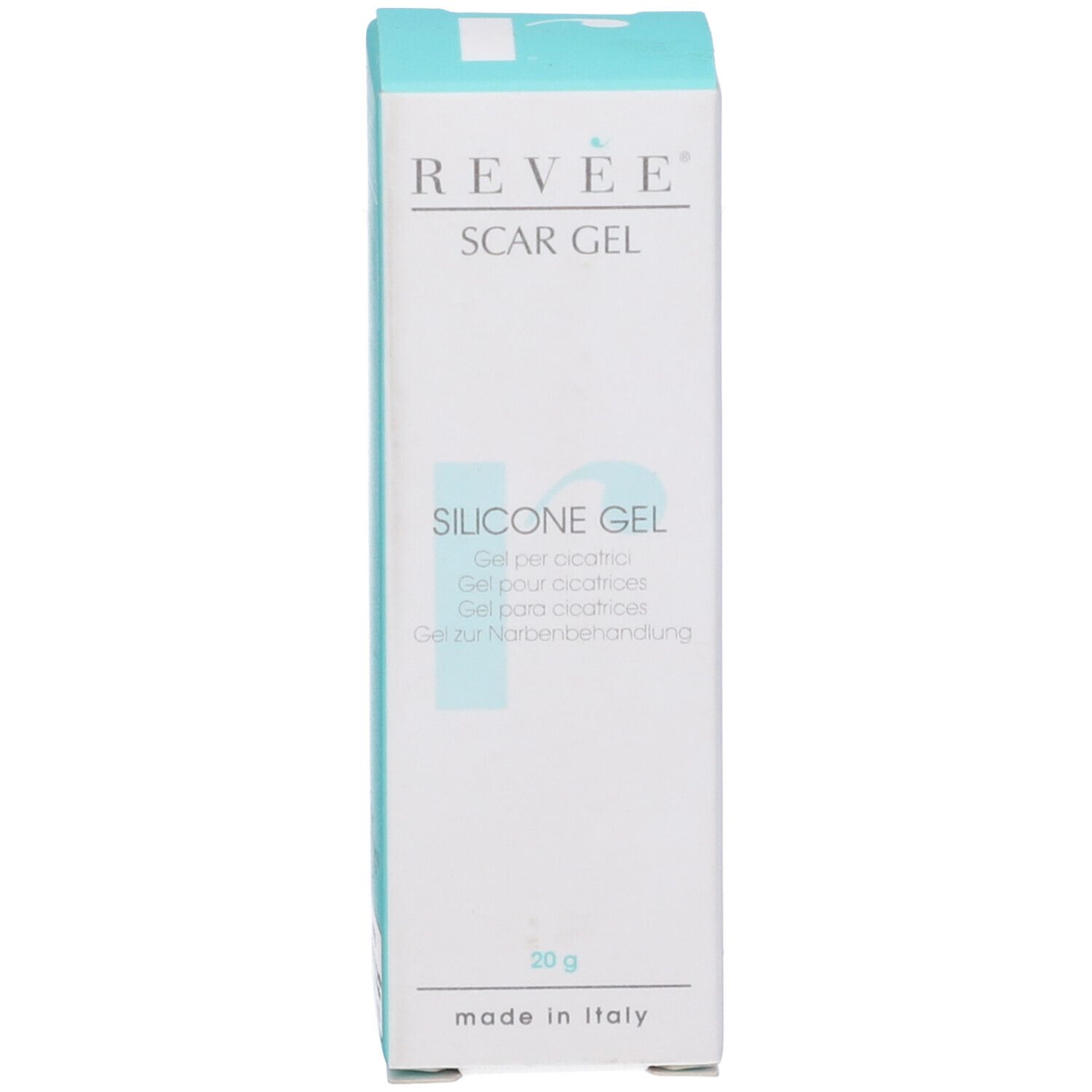 Scatola di gel per cicatrici. Scritto: Revée® Scar Gel, Silicone Gel. 20 g. Logo FSC.