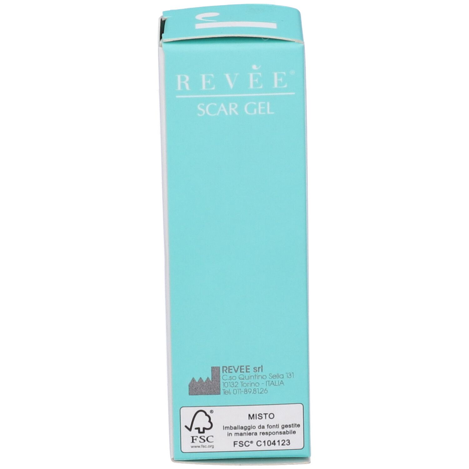 Retro della scatola di gel per cicatrici. Scritto: Revée® Scar Gel. Logo FSC. Indirizzo del produttore.