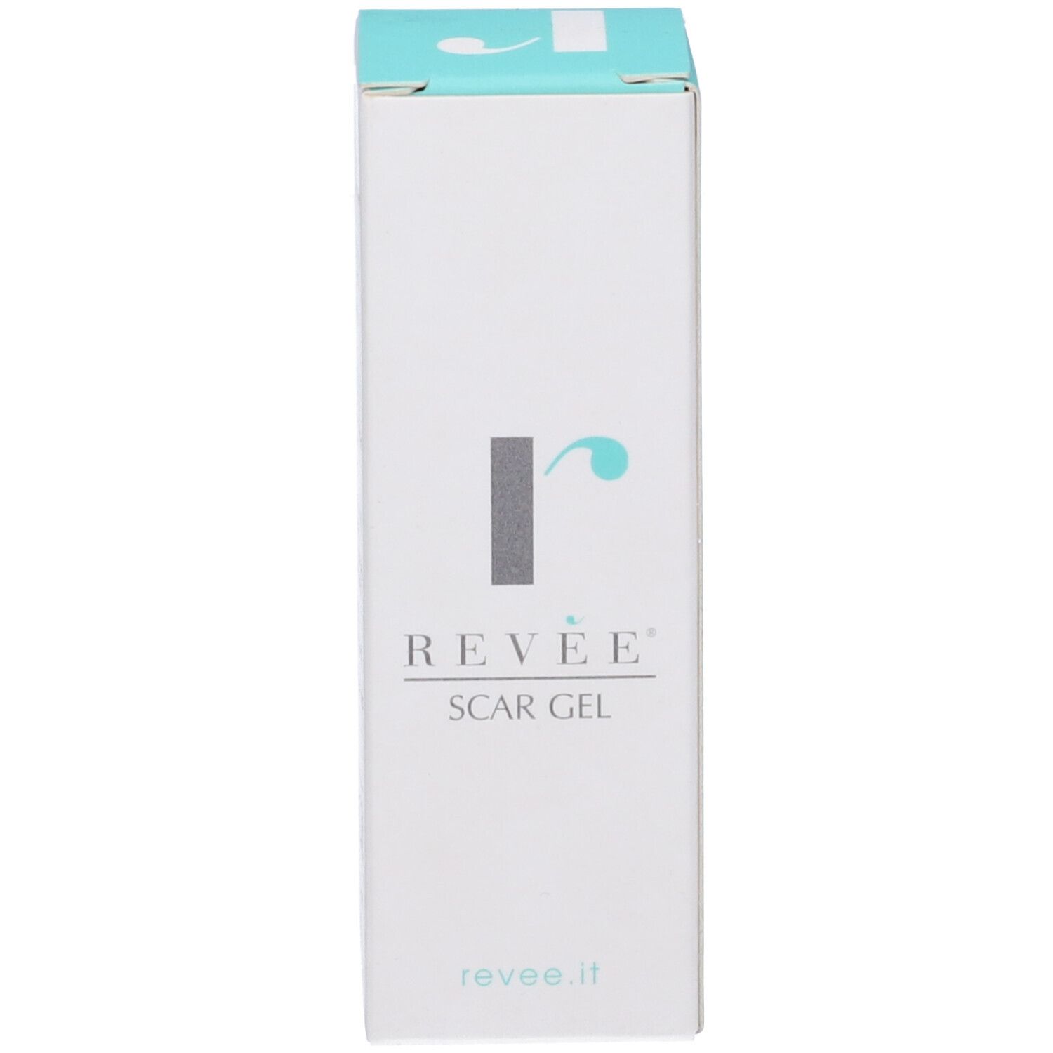 Fronte della scatola di gel per cicatrici. Scritto: Revée® Scar Gel. Logo 'r'.
